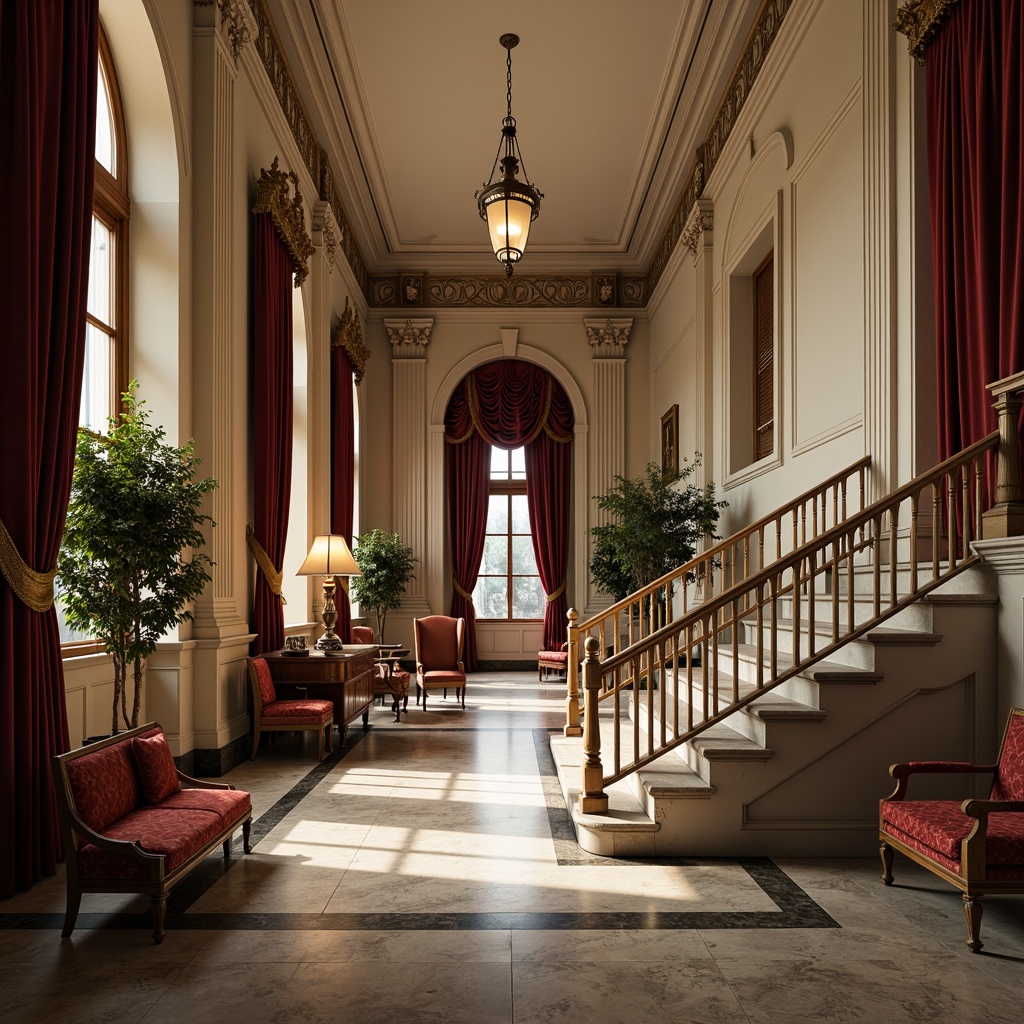 Prompt: Elegant campus buildings, neoclassical architecture, ornate facades, grand staircases, polished marble floors, wooden benches, vintage-inspired furniture, leather-bound tomes, rich velvet drapes, intricate moldings, classic columns, ornamental railings, subtle warm lighting, shallow depth of field, 1/1 composition, realistic textures, ambient occlusion.