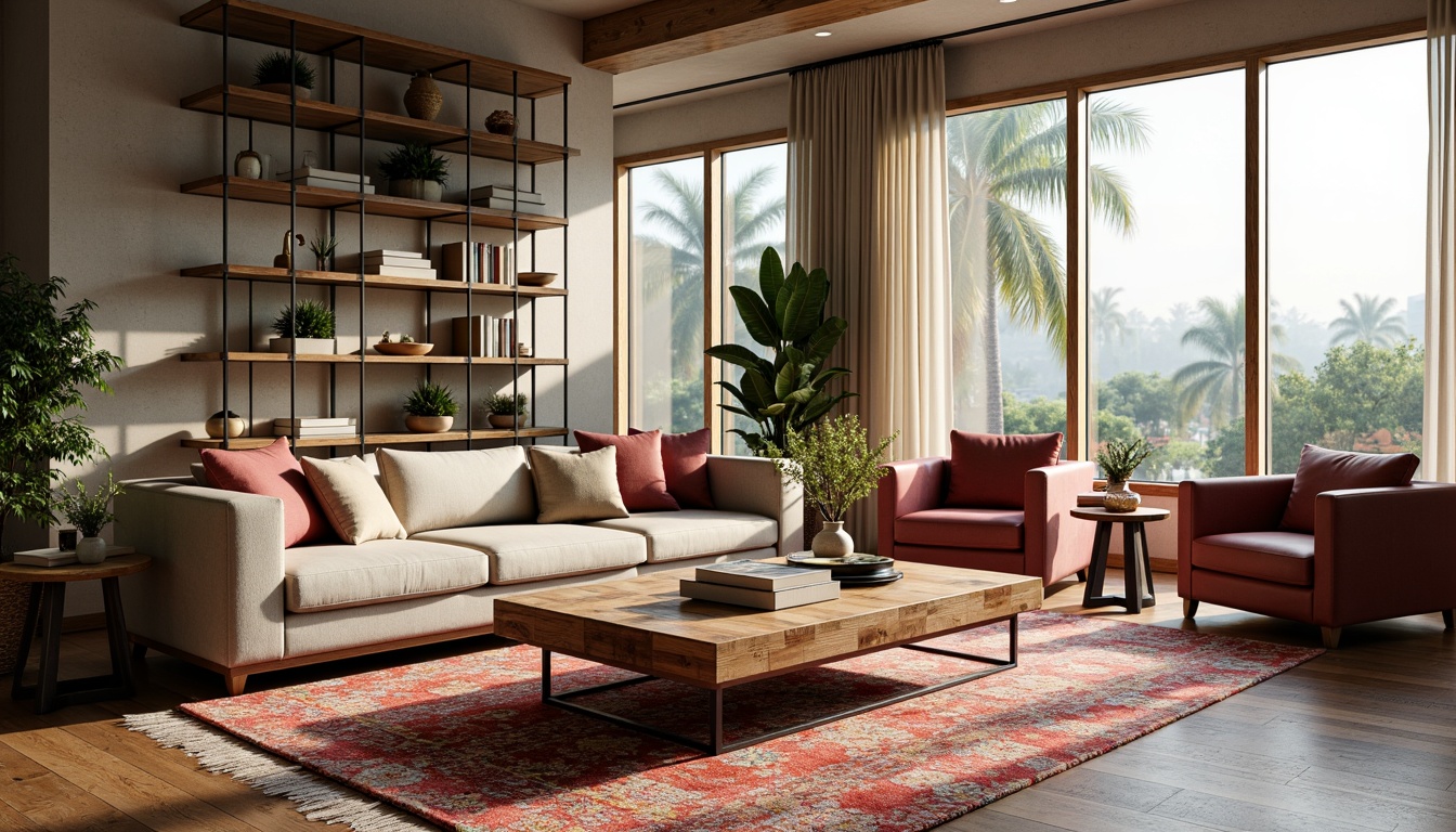 Prompt: Elegant living room, plush sofas, velvet armchairs, reclaimed wood coffee tables, minimalist metal shelves, vibrant colorful rugs, floor-to-ceiling windows, natural light pouring in, airy atmosphere, soft warm lighting, shallow depth of field, 1/1 composition, realistic textures, ambient occlusion.