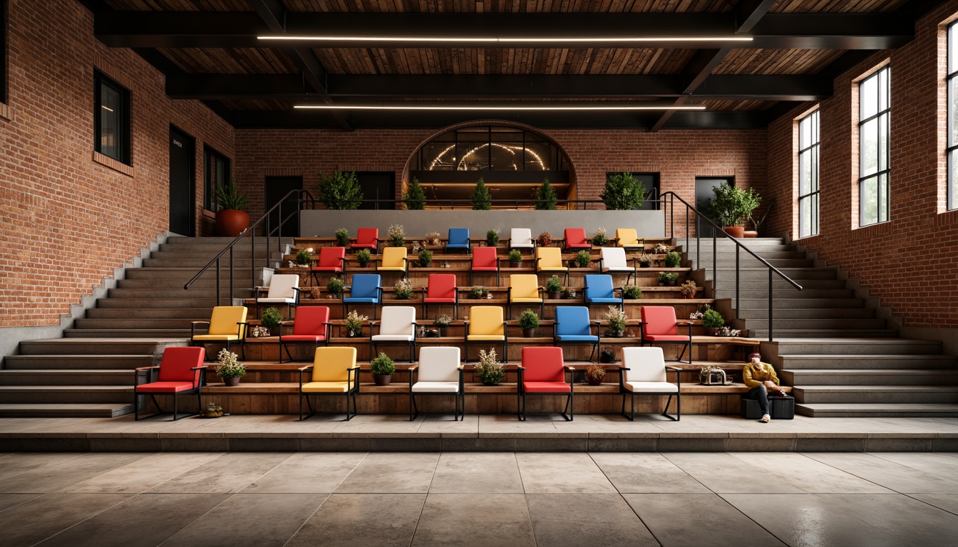 Prompt: Industrial-style amphitheater, exposed brick walls, metal beams, reclaimed wood accents, concrete floors, modern minimalist seating, staggered row arrangement, angular steel chairs, vibrant colored cushions, adjustable armrests, built-in cup holders, stepped platform levels, dynamic overhead lighting, dramatic shadows, warm neutral color palette, rustic textured finishes, urban industrial ambiance, 3/4 composition, low-angle shot, realistic renderings.