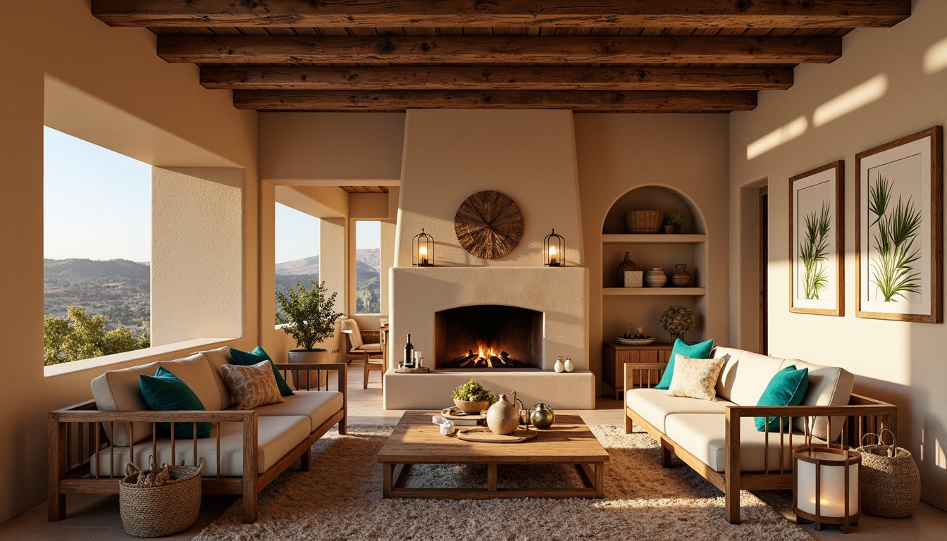 Prompt: Southwestern-style living room, warm beige walls, rustic wooden furniture, vibrant turquoise accents, natural textiles, woven baskets, earthy pottery, cozy fire pit, ambient warm lighting, soft box-shaped lanterns, candles in mercury glass holders, reclaimed wood ceiling beams, exposed ductwork, plush area rugs, desert botanical prints, sunny day, gentle warm glow, shallow depth of field, 1/1 composition, realistic textures.