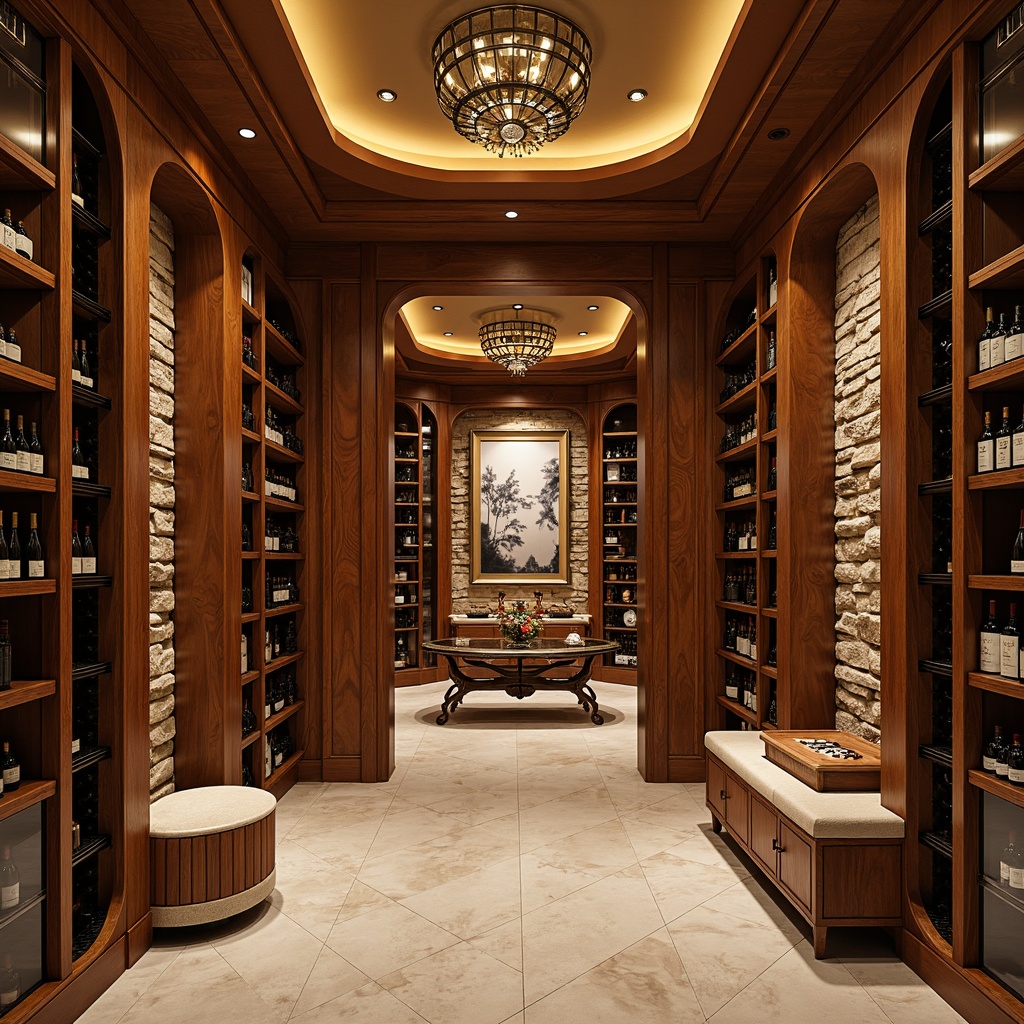 Prompt: Luxurious wine cellar, Art Deco style, rich wood tones, ornate metalwork, geometric patterns, ambient warm lighting, polished marble floors, elegant curved lines, sophisticated storage systems, wine racks with chrome accents, glass-enclosed wine displays, vintage wine bottles, rustic stone walls, soft golden illumination, 1/2 composition, shallow depth of field, realistic reflections.