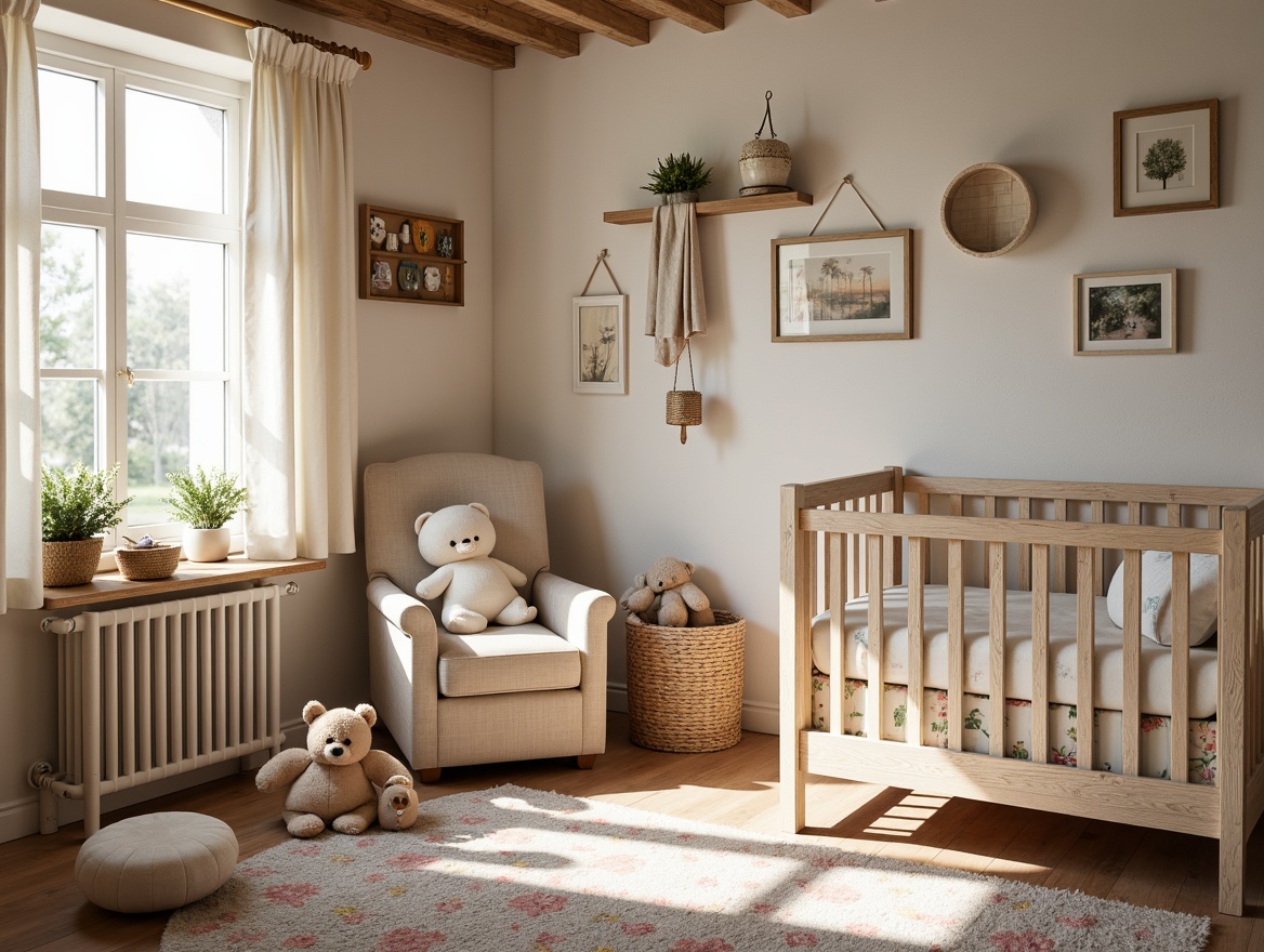 Prompt: Whimsical baby room, distressed wood furniture, vintage-inspired cribs, plush toys, soft pastel colors, floral patterns, ruffled curtains, natural textiles, woven baskets, rustic wooden accents, earthy tones, cozy reading nook, warm overhead lighting, shallow depth of field, 1/1 composition, intimate atmosphere, realistic fabrics, ambient occlusion.