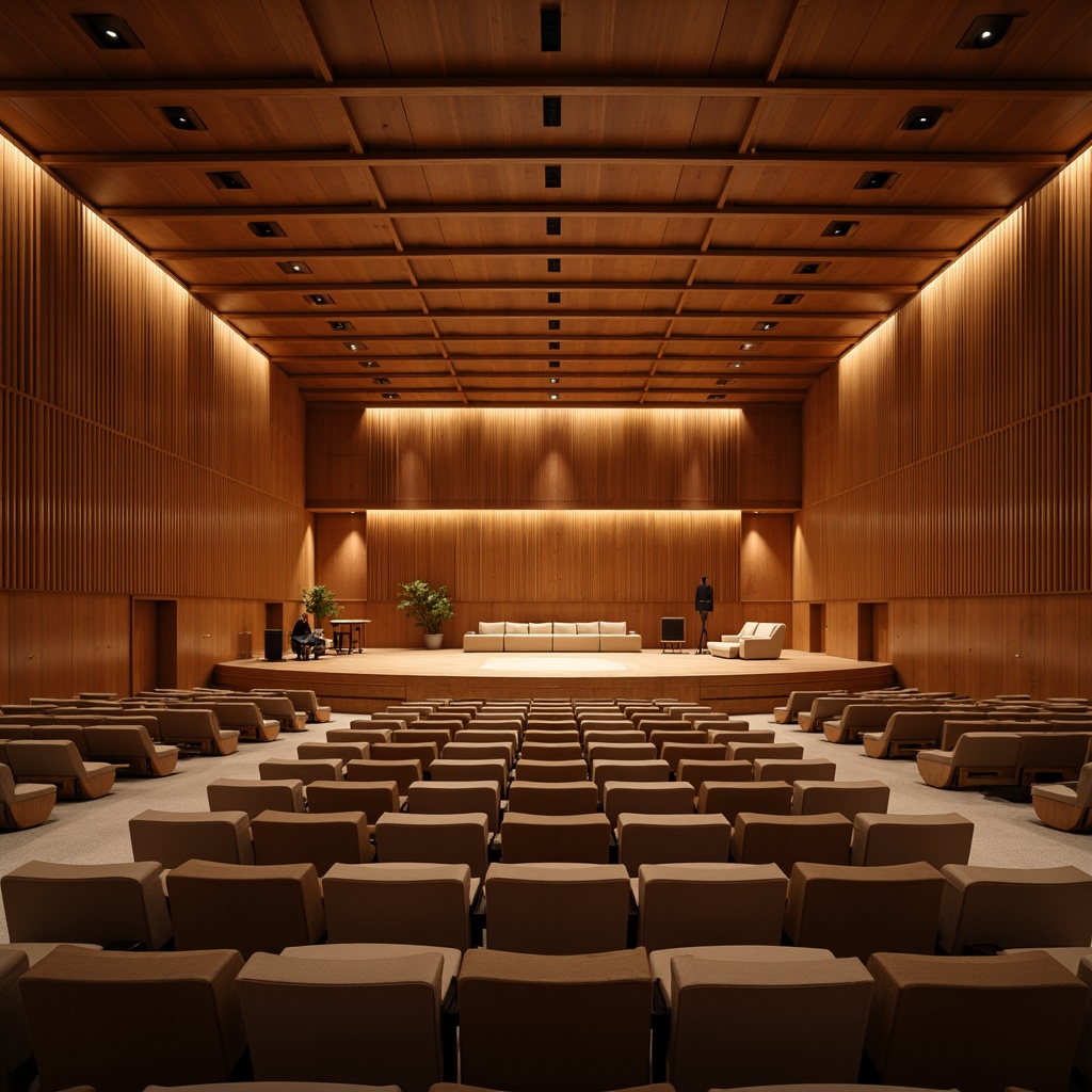 Prompt: Warm wooden auditorium, mid-century modern architecture, curved lines, minimal ornamentation, comfortable seating, upholstered chairs, subtle lighting, ambient sound absorption, acoustic panels, soundproofing materials, raised stage, professional audio equipment, natural wood tones, earthy color palette, soft warm lighting, shallow depth of field, 3/4 composition, realistic textures, ambient occlusion.