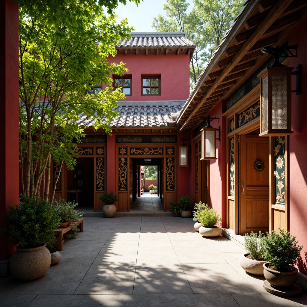 Prompt: Intricate Buddhist carvings, serene monastery courtyard, lush green bamboo, vibrant vermilion walls, rustic wooden doors, hand-painted lanterns, delicate silk fabrics, traditional Asian motifs, natural fiber textiles, earthy tone ceramics, subtle incense aroma, warm soft lighting, shallow depth of field, 3/4 composition, realistic textures, ambient occlusion.