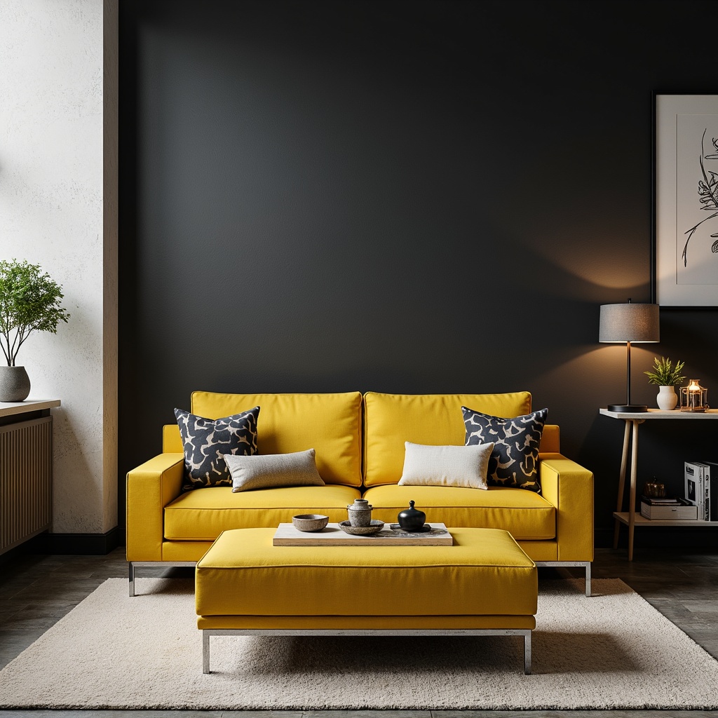 Prompt: Monochromatic minimalist interior, bold accent walls, vibrant yellow ottoman, sleek low-profile furniture, polished chrome legs, subtle texture variations, natural fiber rugs, industrial chic concrete floors, geometric patterned throw pillows, modern abstract artwork, soft warm lighting, 1/1 composition, shallow depth of field, realistic material textures, ambient occlusion.