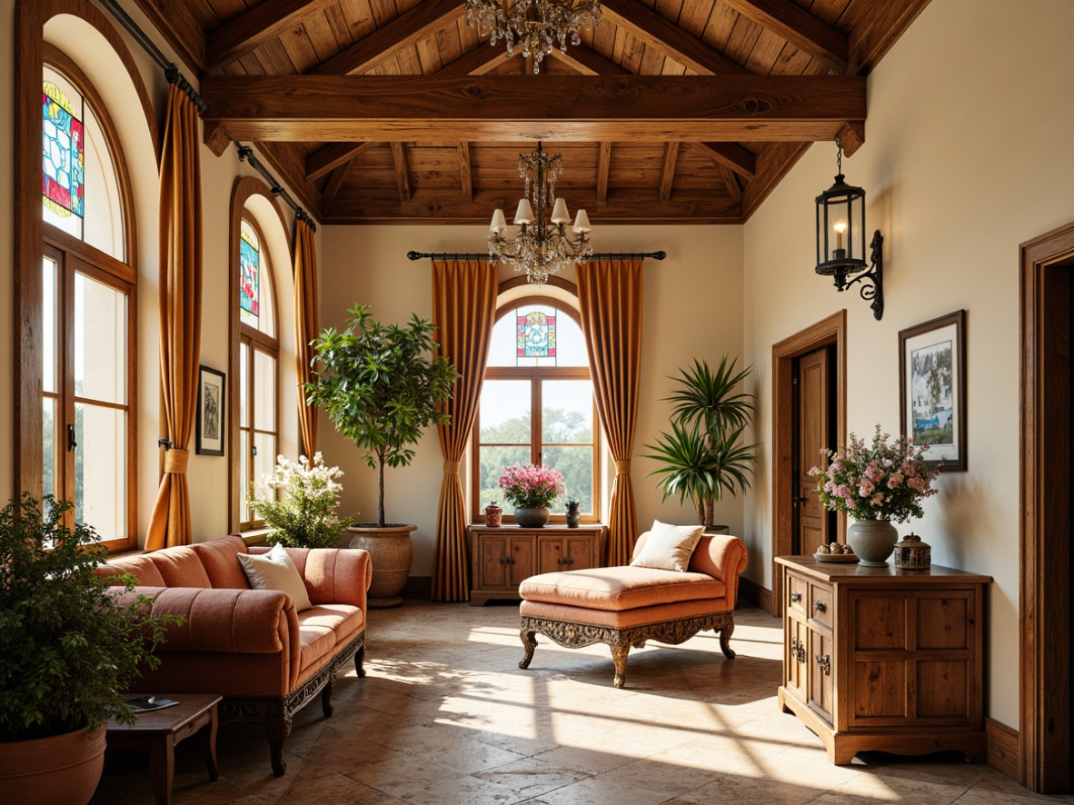 Prompt: Warm sunroom, Renaissance-inspired decor, rich gold accents, soft cream walls, ornate wooden furniture, intricate carvings, luxurious velvet fabrics, lavish drapery, elegant chandeliers, stained glass windows, natural stone flooring, terracotta planters, lush greenery, vibrant blooming flowers, warm sunny day, soft diffused lighting, shallow depth of field, 1/1 composition, realistic textures, ambient occlusion.