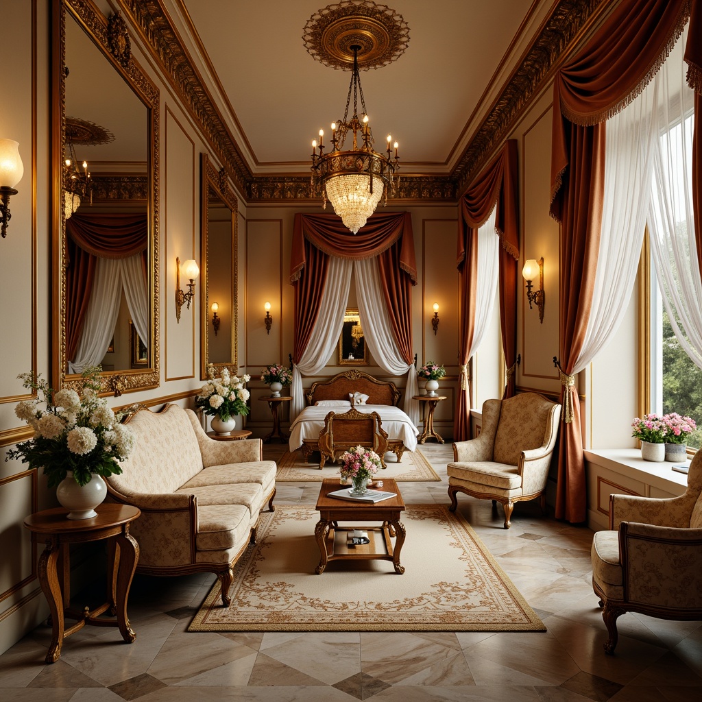 Prompt: Opulent boudoir, lavish furnishings, intricate carvings, gilded moldings, ornate mirrors, crystal chandeliers, plush velvet drapes, rich brocade fabrics, delicate lace trimmings, curved lines, whimsical patterns, soft golden lighting, warm beige tones, luxurious marble floors, carved wooden paneling, antique furniture pieces, ornamental vases, fresh flower arrangements, romantic ambiance, shallow depth of field, 1/1 composition, warm color palette, realistic textures.