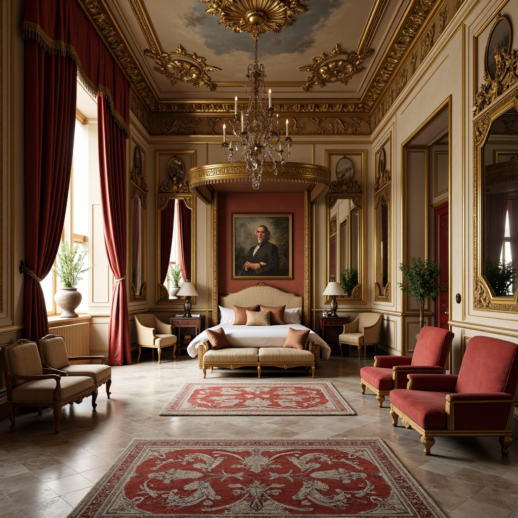 Prompt: Ornate mirrors, intricately carved wooden furniture, luxurious velvet drapes, gilded frames, ornamental vases, frescoed ceilings, grand chandeliers, opulent marble floors, richly patterned rugs, majestic four-poster beds, regal thrones, lavishly upholstered armchairs, Baroque-inspired decorations, soft golden lighting, warm beige colors, 1/1 composition, high-angle shot, dramatic shadows, realistic textures.