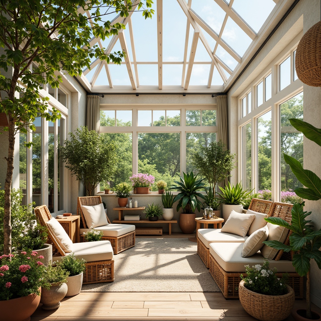 Prompt: Vibrant sunroom, warm natural light, bright skylight, lush greenery, blooming flowers, rattan furniture, wicker decorations, soft pastel colors, creamy whites, warm beiges, rich woods, earthy terracotta, calming blues, soothing greens, airy atmosphere, minimal ornamentation, organic textures, natural materials, elegant simplicity, serene ambiance, morning sunlight, gentle shadows, 1/2 composition, shallow depth of field, realistic rendering.