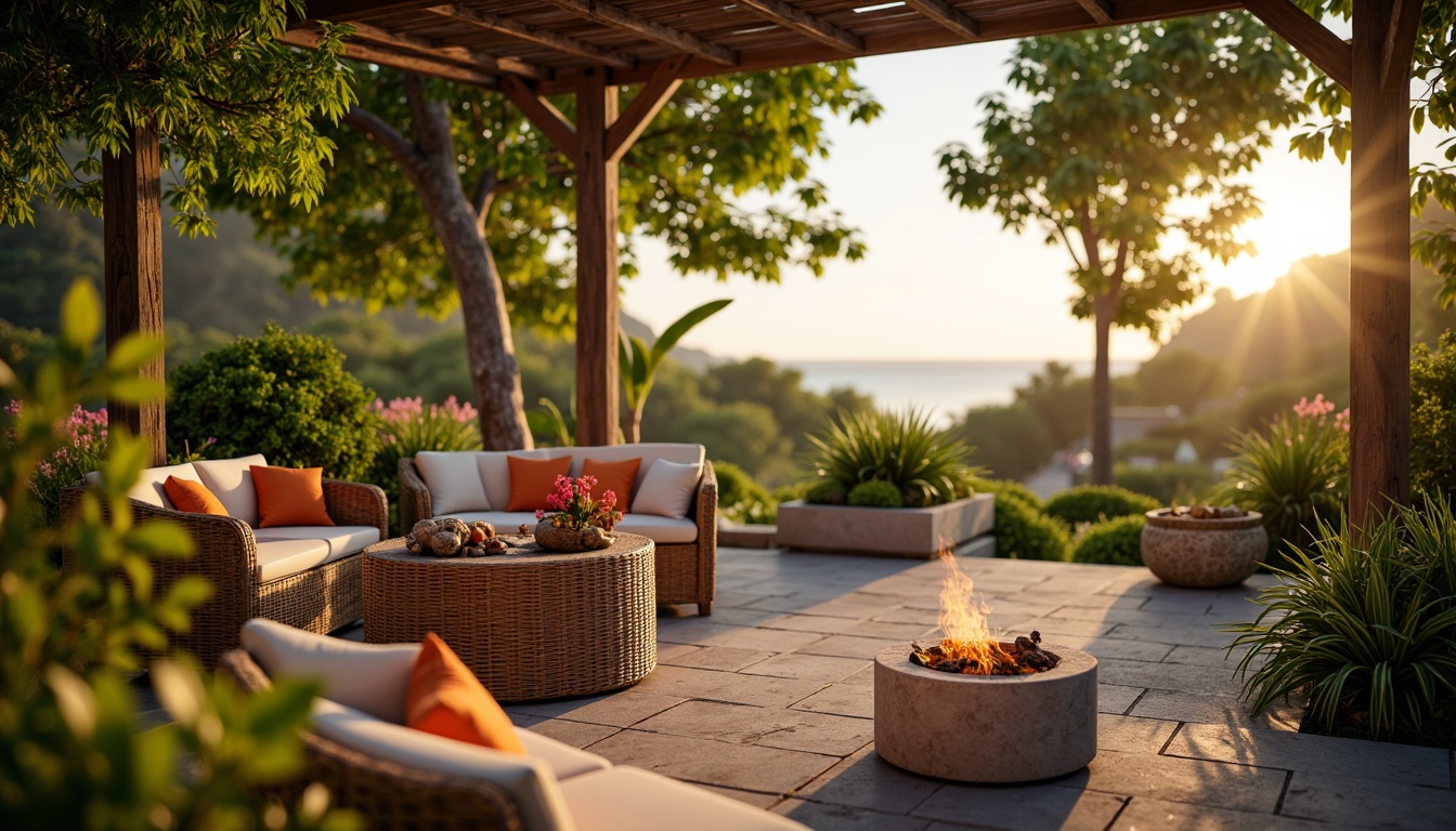 Prompt: Soft warm glow, lush greenery, exotic plants, natural wood accents, woven rattan furniture, colorful tiki torches, shell decorations, driftwood sculptures, tropical flower arrangements, vibrant coral hues, sunny afternoon ambiance, gentle ocean breeze, soft focus lens, shallow depth of field, 1/1 composition, cinematic lighting, warm color grading, relaxed atmosphere.