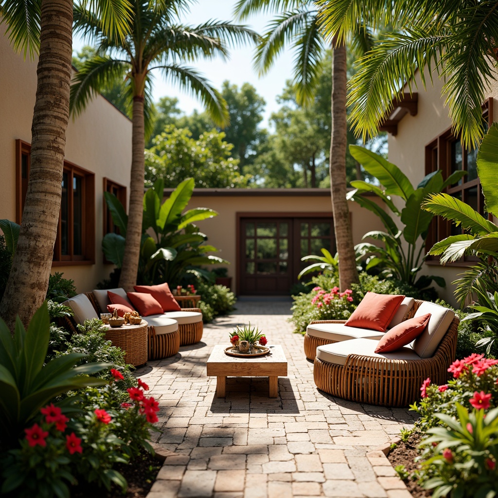 Prompt: Vibrant tropical garden, exotic palm trees, colorful hibiscus flowers, woven rattan furniture, natural stone pathways, rustic wooden accents, eclectic global decor, tribal-inspired textiles, bold geometric patterns, lush greenery, warm sunny day, soft diffused lighting, shallow depth of field, 1/1 composition, intimate close-up shots, realistic textures, ambient occlusion.