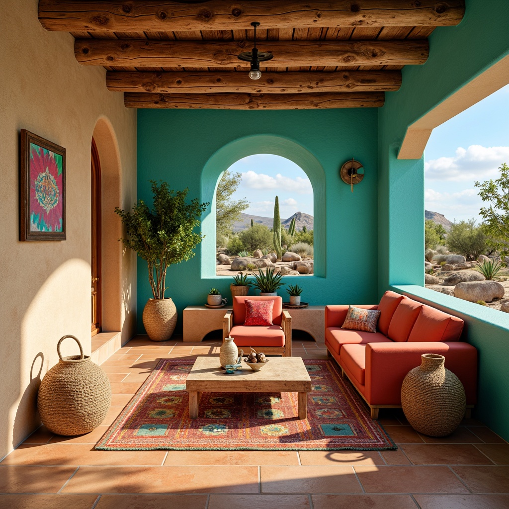 Prompt: Vibrant turquoise walls, earthy adobe floors, warm sandy beige furniture, colorful Aztec-inspired textiles, geometric patterned rugs, woven wicker accents, natural fiber upholstery, rustic wooden beams, bold red and orange accent colors, soft golden lighting, shallow depth of field, 3/4 composition, realistic textures, ambient occlusion, desert landscape views, cactus plants, hot sunny day, clear blue sky, vast open space.