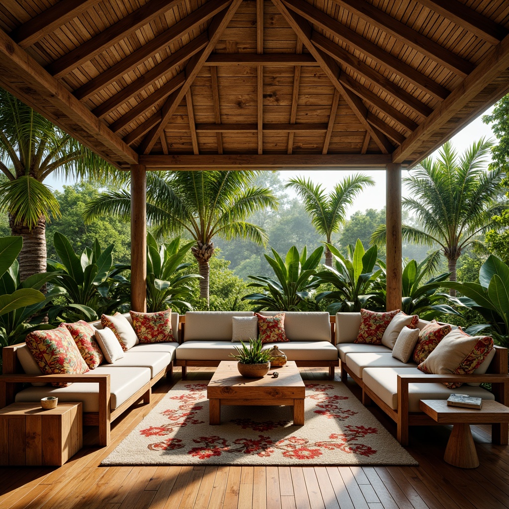 Prompt: Tropical family room, wooden flooring, exotic hardwood species, rich brown tones, warm natural textures, woven rattan furniture, vibrant greenery, lush palm trees, colorful floral patterns, plush area rugs, cozy throw pillows, soft warm lighting, shallow depth of field, 1/1 composition, realistic wood grain, ambient occlusion.