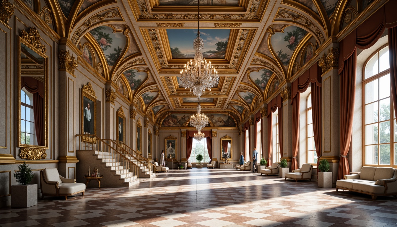 Prompt: Grandiose palace, intricately carved stone facades, ornate golden accents, sweeping archways, dramatic fresco ceilings, opulent chandeliers, lavish velvet drapes, intricate marble floors, gilded furnishings, curved staircases, majestic columns, ornate mirrors, soft warm lighting, shallow depth of field, 3/4 composition, symmetrical balance, highly detailed textures, ambient occlusion.