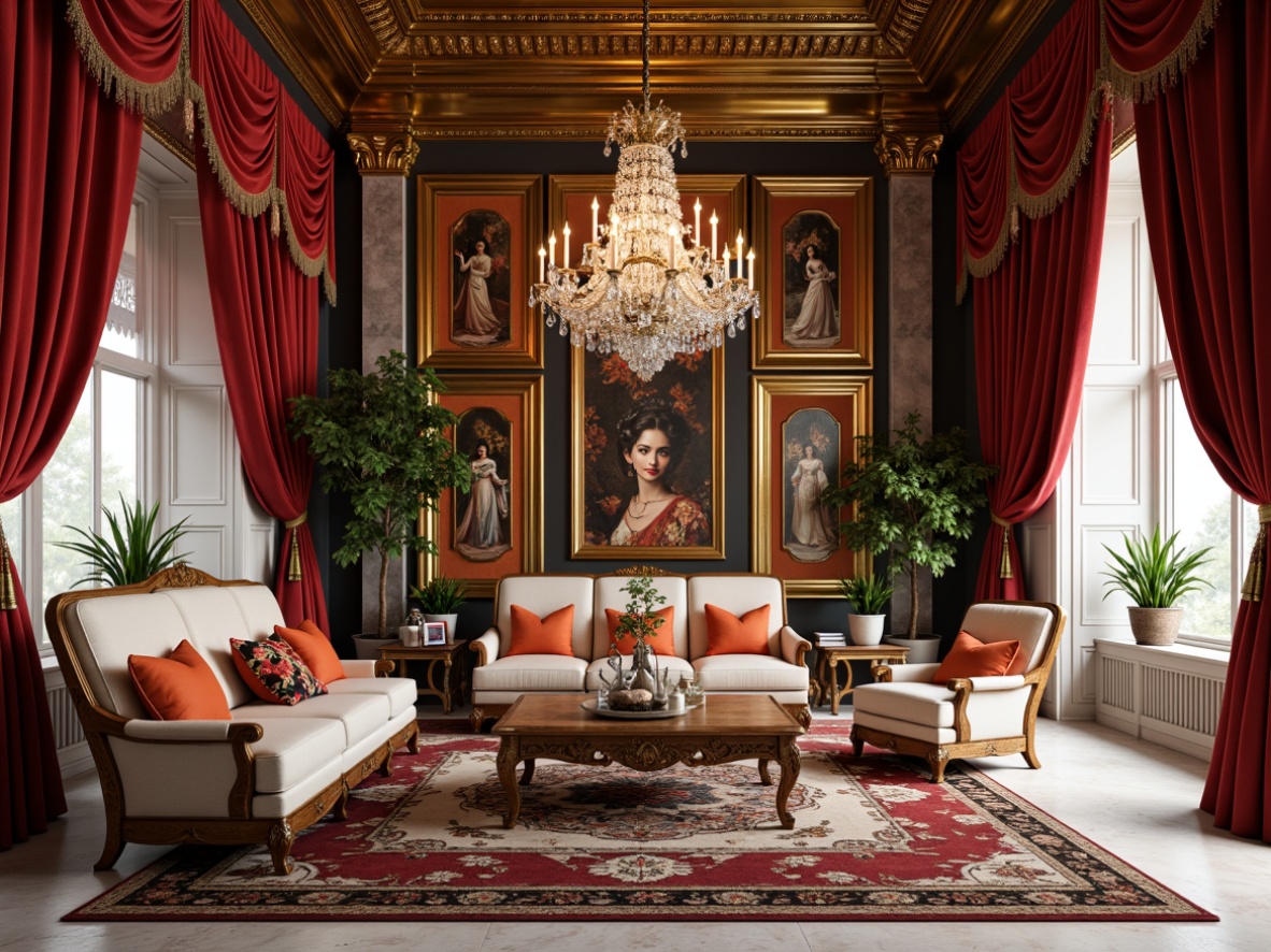 Prompt: Luxurious velvet drapes, ornate golden frames, lavish crystal chandeliers, intricately carved wooden furniture, plush area rugs, vibrant colorful tapestries, elegant marble floors, majestic stone columns, delicate lace curtains, whimsical mobile sculptures, richly patterned fabrics, soft warm lighting, 3/4 composition, shallow depth of field, realistic textures, ambient occlusion.