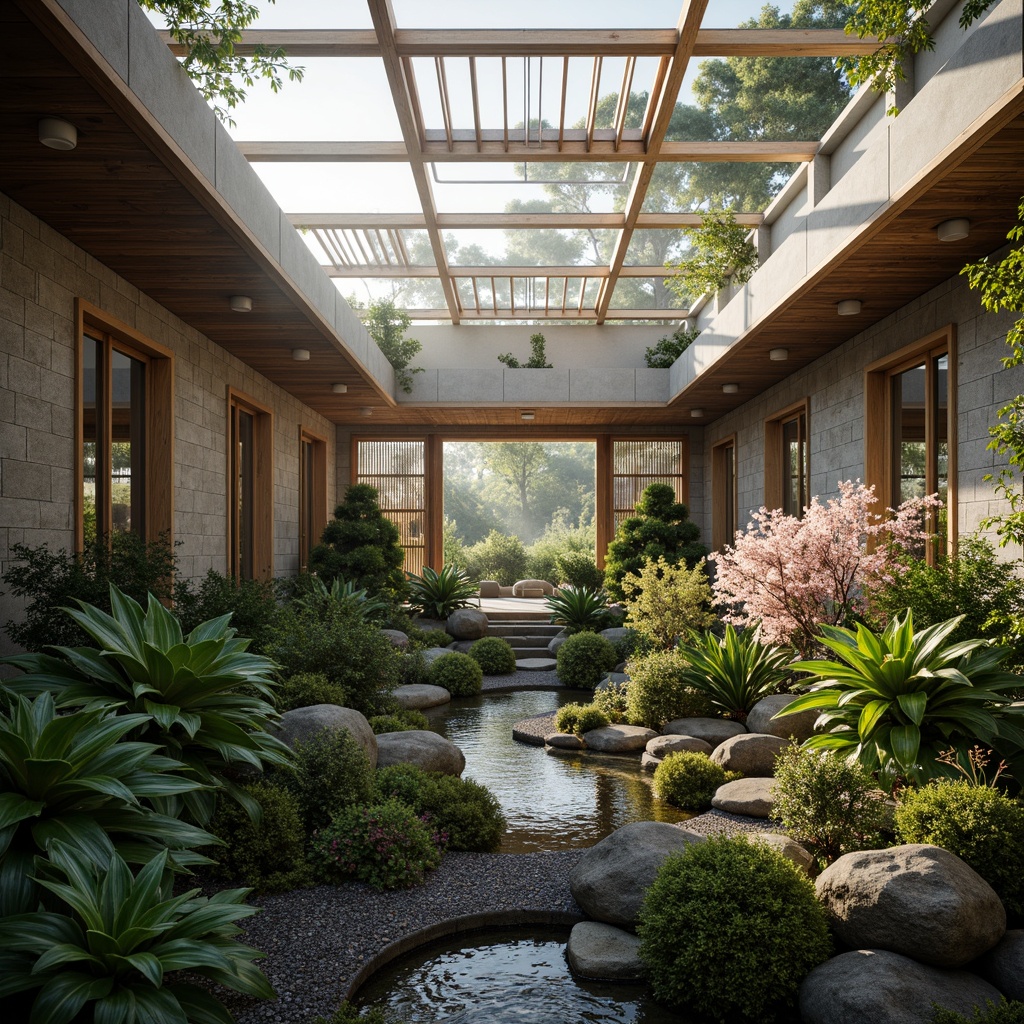 Prompt: Sleek Asian-style greenhouse, lush tropical plants, natural stone walls, wooden accents, bamboo roofing, sliding glass doors, clerestory windows, skylights, diffused soft lighting, warm ambient glow, misty morning atmosphere, dew-kissed leaves, delicate cherry blossom patterns, intricate latticework, earthy tone color palette, minimal ornamentation, organic curves, tranquil water features, raked gravel pathways, moss-covered stones, serene garden ambiance, 1/2 composition, soft focus, warm color grading.