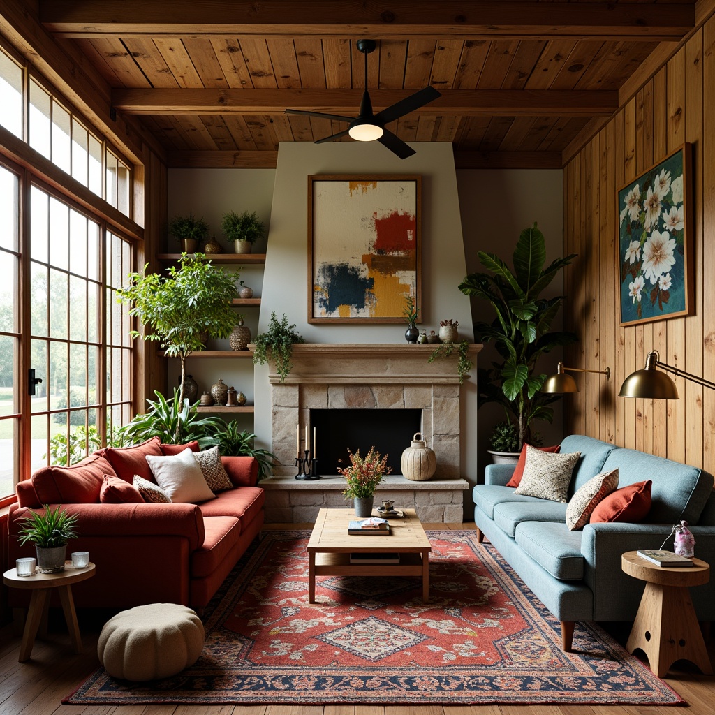 Prompt: Cozy eclectic living room, vintage furniture pieces, distressed wood accents, colorful patterned rugs, plush velvet sofas, reclaimed wooden walls, industrial metal lamps, natural stone fireplaces, lush greenery, macram\u00e9 plant holders, abstract artwork, mixed metallic decor, warm golden lighting, shallow depth of field, 2/3 composition, soft focus effect, realistic textures.