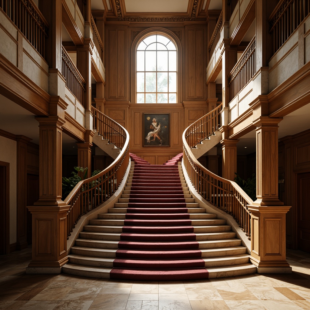 Prompt: Grand staircase, ornate balusters, carved wooden handrails, marble flooring, elegant curves, symmetrical composition, majestic proportions, classic column details, intricate moldings, luxurious velvet upholstery, warm golden lighting, subtle shadowing, 1/2 composition, soft focus effect, realistic textures, ambient occlusion.