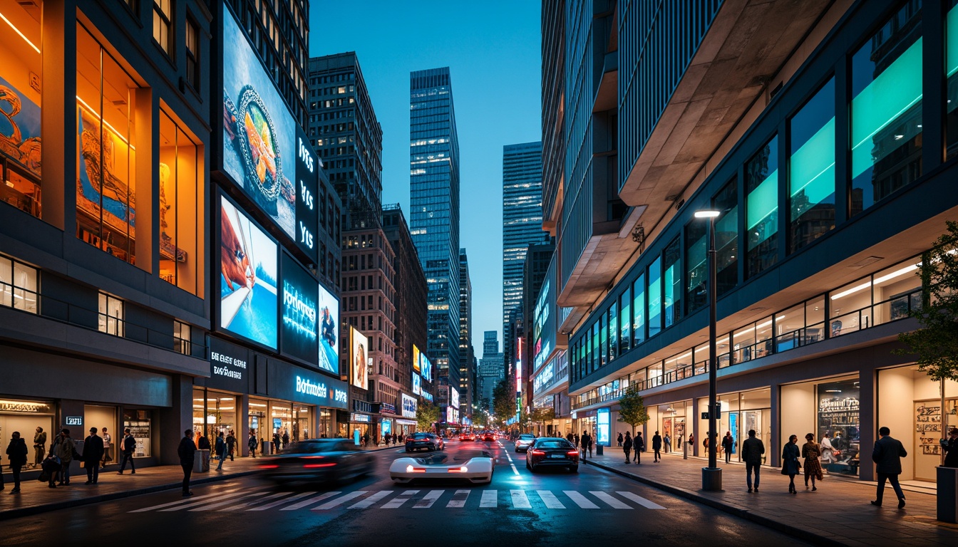 Prompt: Neon-lit cityscape, sleek metallic skyscrapers, iridescent glass facades, holographic advertisements, vibrant LED lights, electric blue accents, radiant orange hues, luminous green highlights, glossy black surfaces, reflective chrome details, minimalist geometric shapes, futuristic transportation pods, levitating cars, hyper-realistic textures, shallow depth of field, 1/1 composition, low-angle shot, cinematic lighting, ambient occlusion.