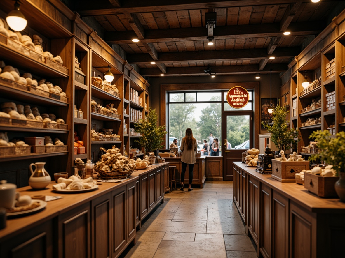 Prompt: Warm lighting, wooden shelves, earthy tones, vintage signage, rustic display cases, woven baskets, natural stone flooring, distressed wood accents, traditional checkout counters, ornate metal fixtures, ambient warm glow, shallow depth of field, 1/2 composition, realistic textures, soft focus background.