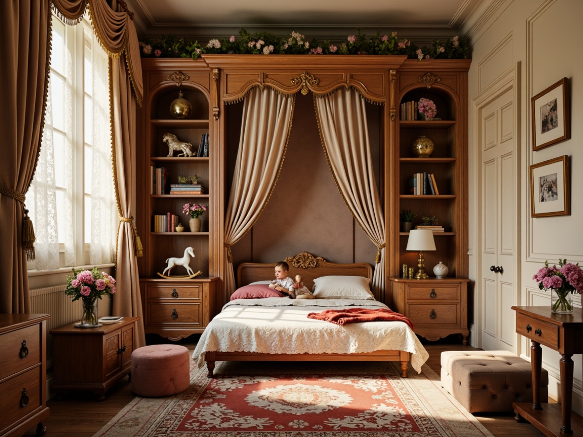 Prompt: Whimsical kids' bedroom, rich wood tones, ornate carvings, plush velvet fabrics, soft golden lighting, intricate patterns, vintage-inspired furniture, distressed finishes, lace curtains, floral arrangements, antique toys, wooden rocking horses, intricately designed bookshelves, tufted ottomans, luxurious rugs, warm beige walls, creamy white trim, 1/2 composition, soft focus, cozy atmosphere.