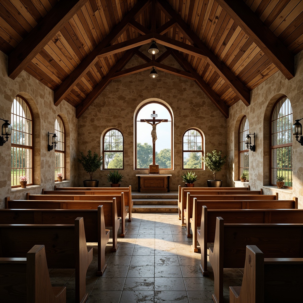 Prompt: Rustic church interior, wooden accents, distressed wood beams, natural stone walls, stained glass windows, ornate wooden pews, candlelit ambiance, warm soft lighting, wooden crucifix, earthy color palette, rural landscape views, rolling hills, serene atmosphere, 1/1 composition, realistic textures, ambient occlusion.