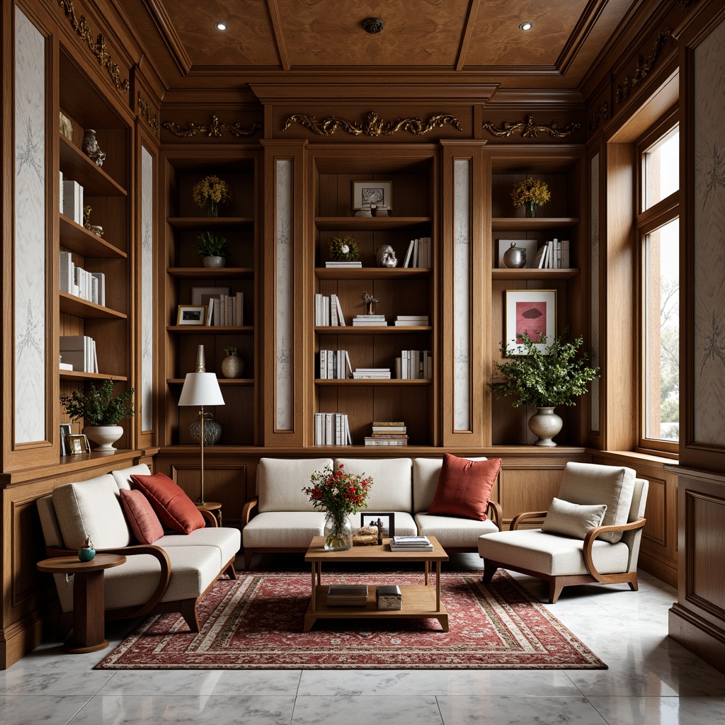 Prompt: Rich wood tones, classic furnishings, ornate gold accents, creamy whites, soft grays, elegant marble textures, traditional bookshelves, leather-bound tomes, warm task lighting, subtle shadowing, 1/1 composition, shallow depth of field, realistic reflections, cozy atmosphere, comfortable seating areas, vintage decorative items, sophisticated color harmony.