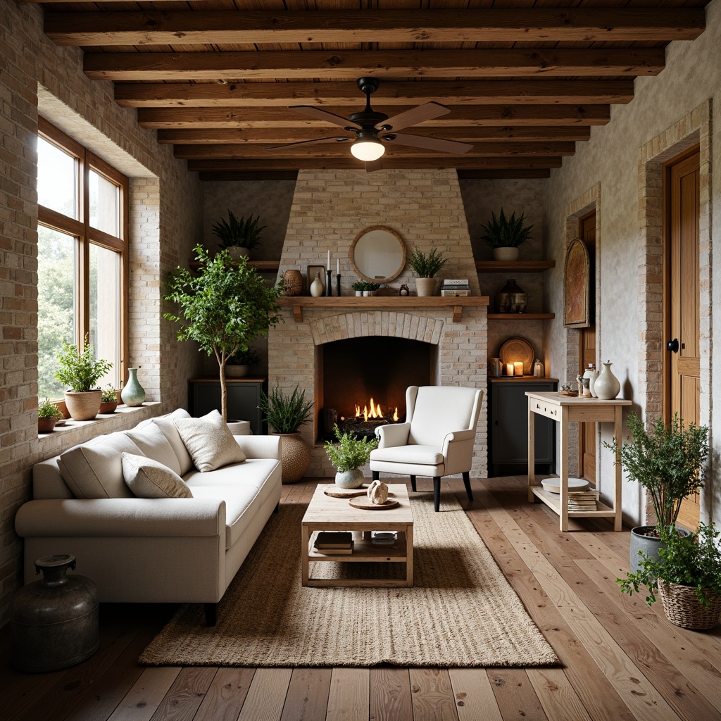 Prompt: Rustic farmhouse, earthy tones, weathered wood, vintage metal accents, natural textiles, soft linen whites, warm beige, muted sage greens, distressed finishes, exposed brick, stone walls, wooden beams, cozy candlelight, warm golden lighting, shallow depth of field, 2/3 composition, rustic decor, galvanized metal, woven baskets, potted plants, natural fiber rugs, plank flooring, reclaimed wood furniture.