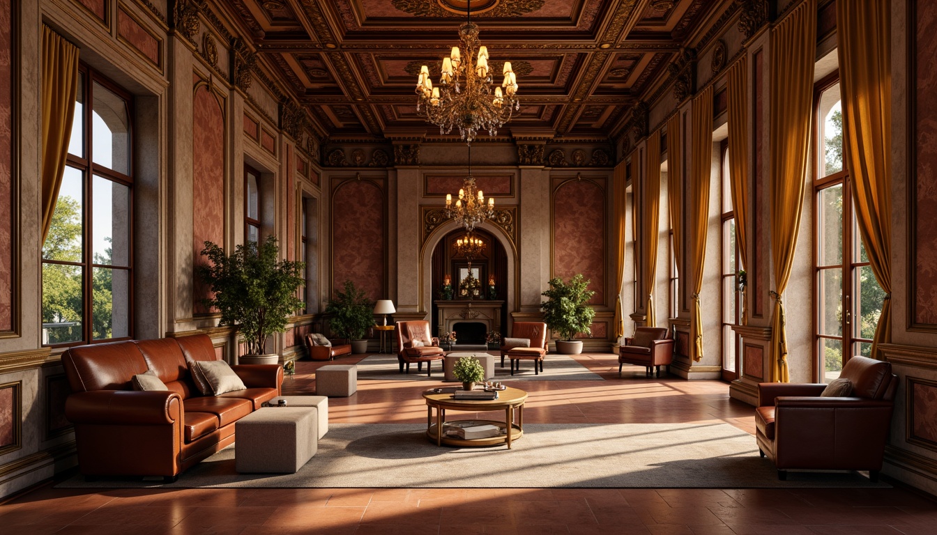 Prompt: Rich wood paneling, ornate moldings, antique bronze fixtures, rustic stone walls, distressed leather upholstery, warm terracotta flooring, grand chandeliers, luxurious velvet drapes, opulent gold accents, classical columns, high ceilings, dramatic archways, soft warm lighting, shallow depth of field, 3/4 composition, realistic textures, ambient occlusion.