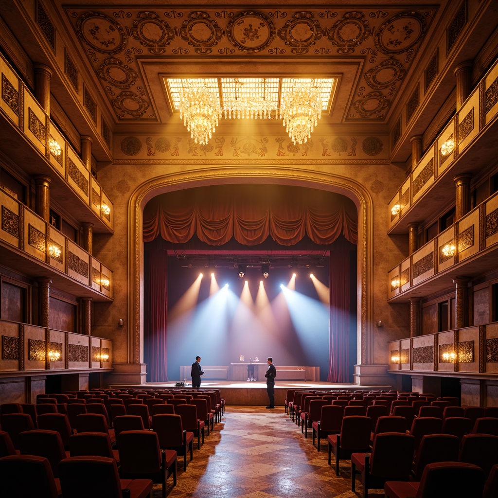 Prompt: Grand amphitheater interior, tiered seating, ornate architecture, warm golden lighting, soft LED glow, dramatic spotlighting, suspended ceiling fixtures, crystal chandeliers, luxurious velvet drapes, polished marble floors, majestic stage design, rich wood tones, dynamic color changing lights, atmospheric fog effects, high-contrast shadows, 1/2 composition, shallow depth of field, cinematic ambiance.