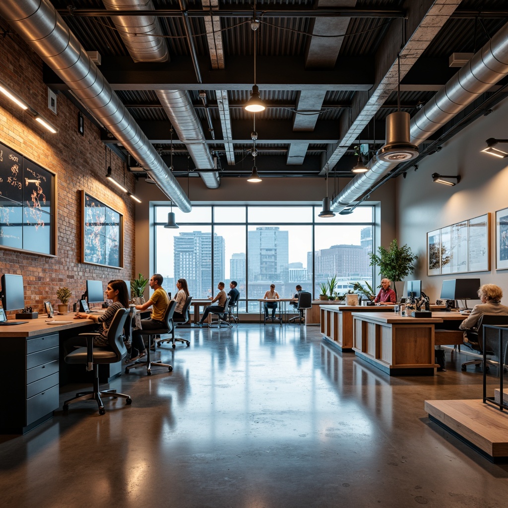 Prompt: Exposed ductwork, polished concrete floors, industrial chic lighting, minimalist decor, reclaimed wood accents, metal beams, open ceilings, collaborative workspaces, modular furniture, ergonomic chairs, futuristic lab equipment, sleek machinery, advanced robotics, neon signage, urban cityscape views, overcast day, softbox lighting, shallow depth of field, 1/1 composition, realistic textures, ambient occlusion.