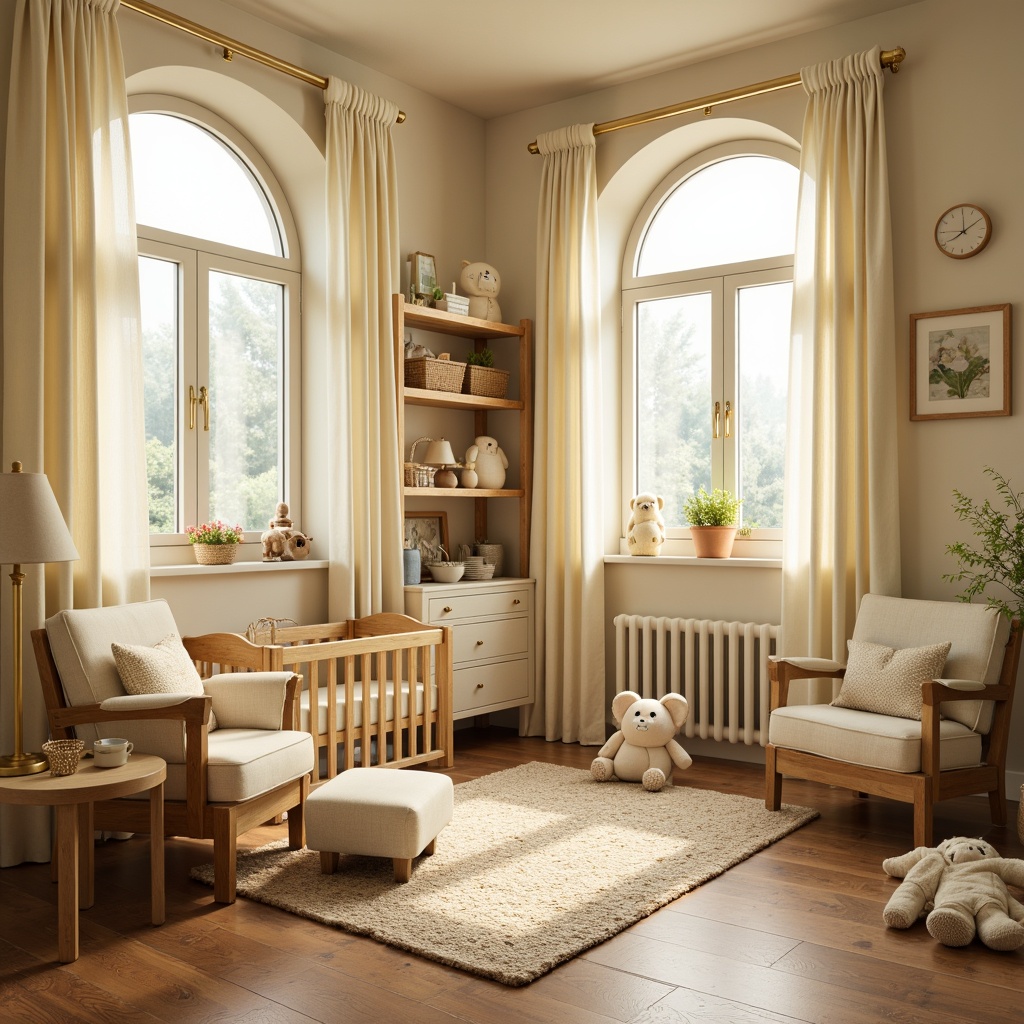 Prompt: Cozy baby room, vernacular style, warm beige walls, soft cream furniture, plush toys, gentle warm lighting, table lamps, floor lamps, creamy white curtains, natural wood accents, woven baskets, vintage baby clothes, distressed wood cribs, soft pastel colors, warm yellow hues, cream-colored flowers, sunny afternoon, soft focus, shallow depth of field, 1/2 composition, intimate atmosphere.