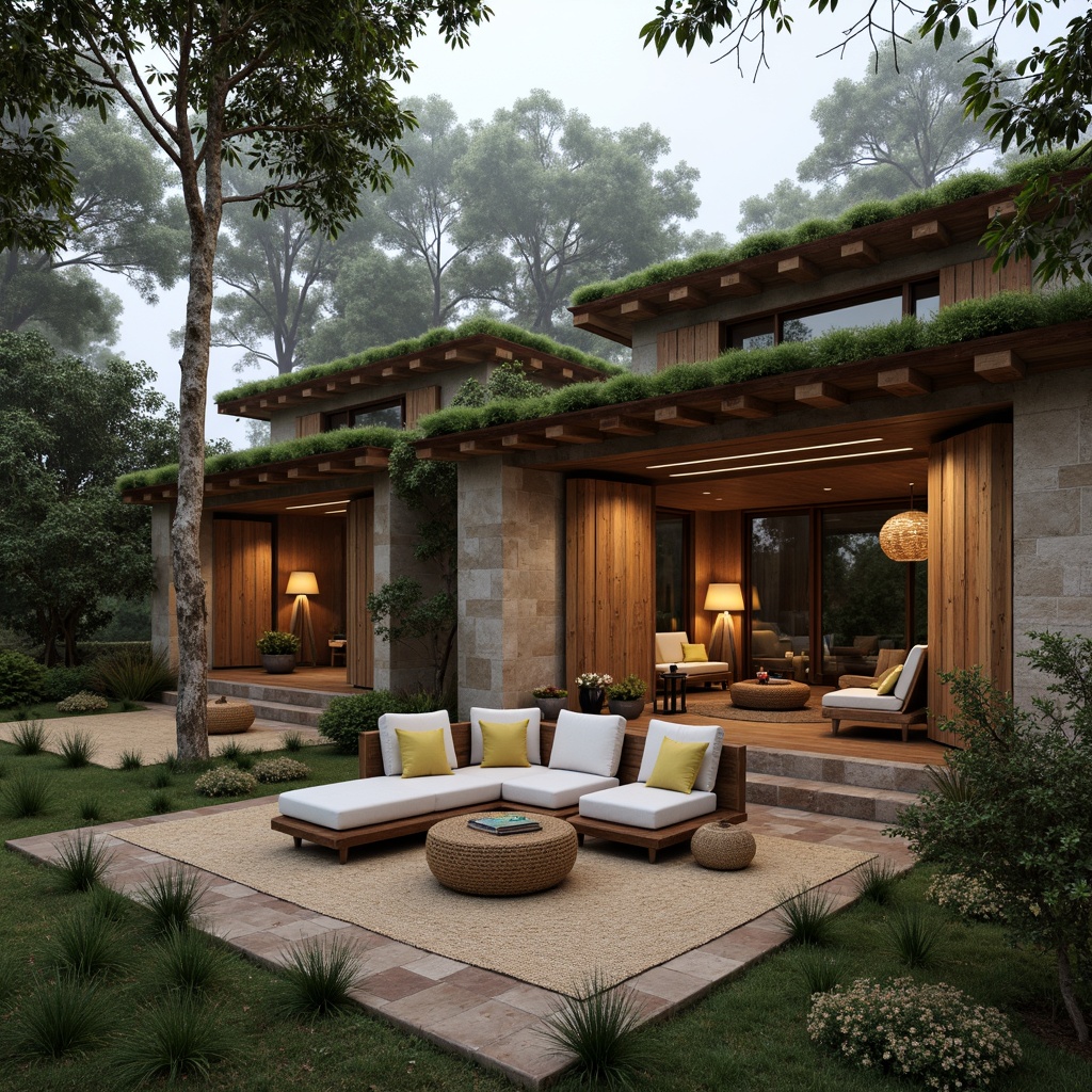 Prompt: Rustic villa, natural stone fa\u00e7ade, wooden shutters, earthy color palette, lush green roof, reclaimed wood accents, woven bamboo furniture, jute rugs, organic shapes, curved lines, natural textiles, woven rattan lighting fixtures, warm soft lighting, cozy atmosphere, forest surroundings, misty morning, overcast sky, 1/1 composition, intimate scale, realistic textures, ambient occlusion.