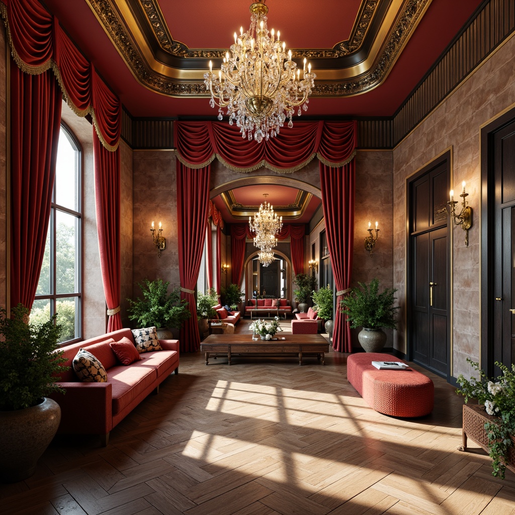 Prompt: Elegant home gym, ornate Rococo style, luxurious velvet drapes, gold-leaf accents, crystal chandeliers, rich wood flooring, opulent furnishings, statement accent walls, bold red paint, metallic silver stripes, textured stone finishes, mirrored surfaces, dramatic archways, lavish greenery, floor-to-ceiling windows, soft warm lighting, 1/2 composition, intimate atmosphere, realistic reflections.