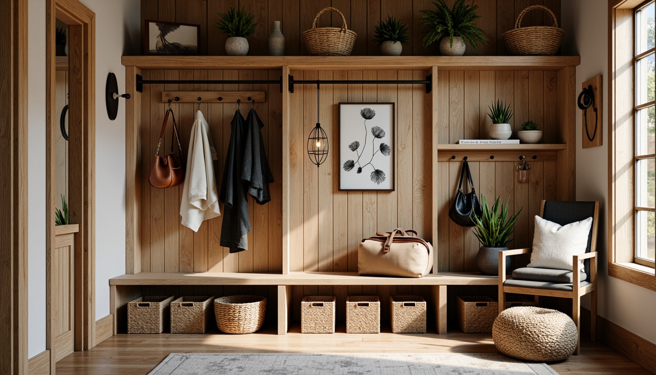 Prompt: Rustic mudroom, natural wood accents, woven baskets, industrial metal shelves, earthy color palette, organic textures, geometric patterns, mid-century modern furniture, sleek wooden benches, minimalist decor, functional storage solutions, stylish boot racks, warm ambient lighting, 1/1 composition, shallow depth of field, realistic renderings.