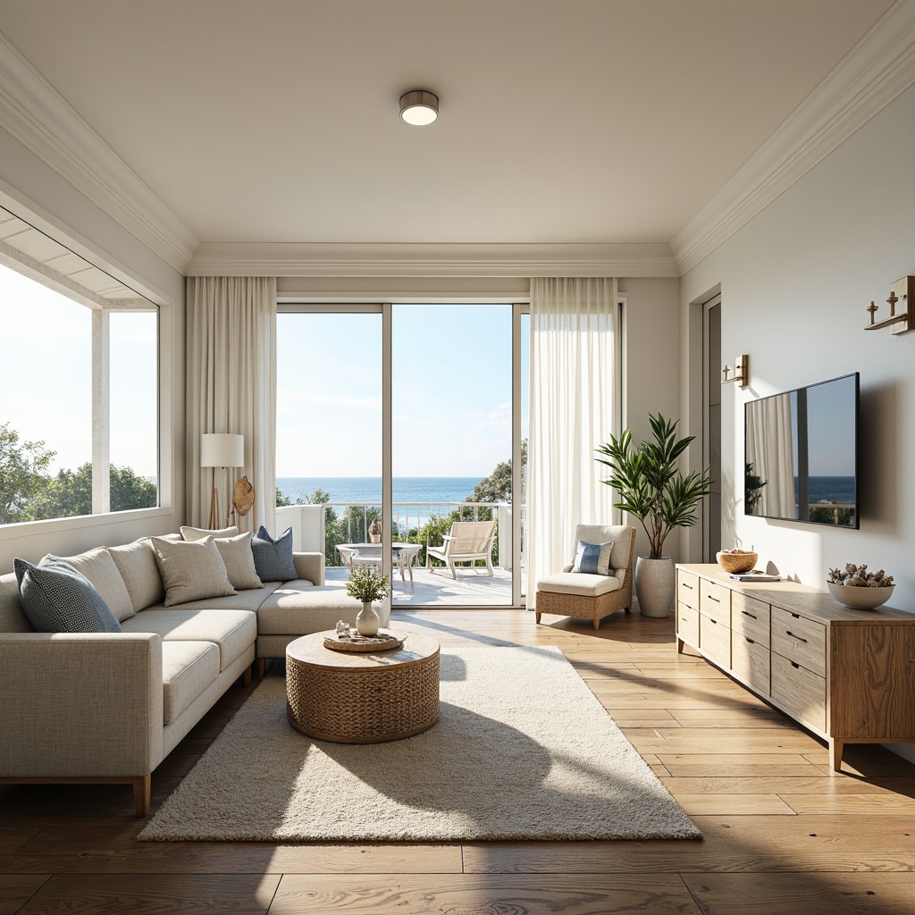 Prompt: Coastal style interior, large windows, sliding glass doors, natural light pouring in, soft warm glow, beachy vibe, calming atmosphere, creamy white walls, distressed wood flooring, nautical accents, shells, driftwood decor, ocean-inspired colors, blues and whites, sandy neutrals, woven textiles, linen upholstery, sea salt air, refreshing ambiance, 1/1 composition, shallow depth of field, realistic renderings, ambient occlusion.