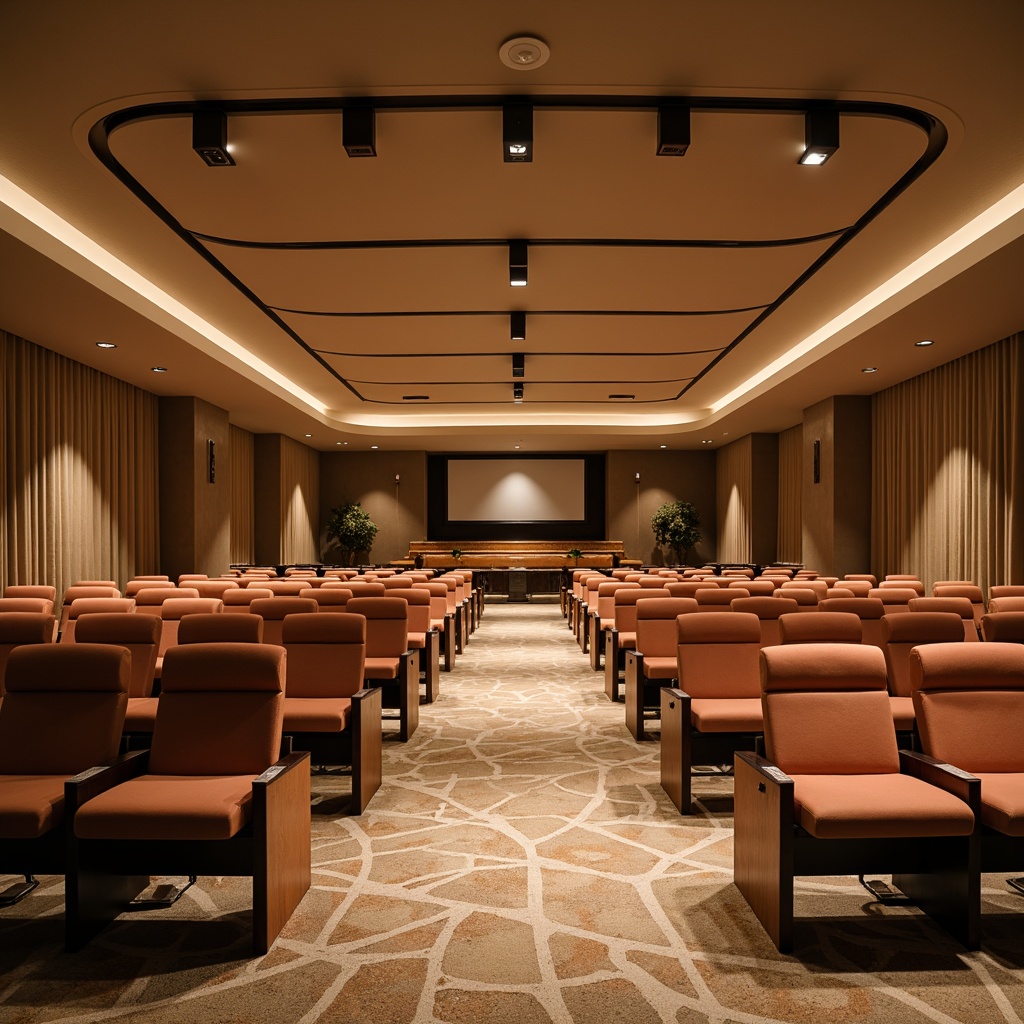 Prompt: Mid-century modern auditorium interior, curved rows of seating, plush velvet chairs, wooden armrests, polished chrome legs, geometric patterned carpet, warm beige walls, minimalist stage design, suspended acoustic panels, sleek metal lighting fixtures, subtle ambient lighting, soft focus spotlighting, shallow depth of field, 2/3 composition, symmetrical framing, realistic textures, ambient occlusion.