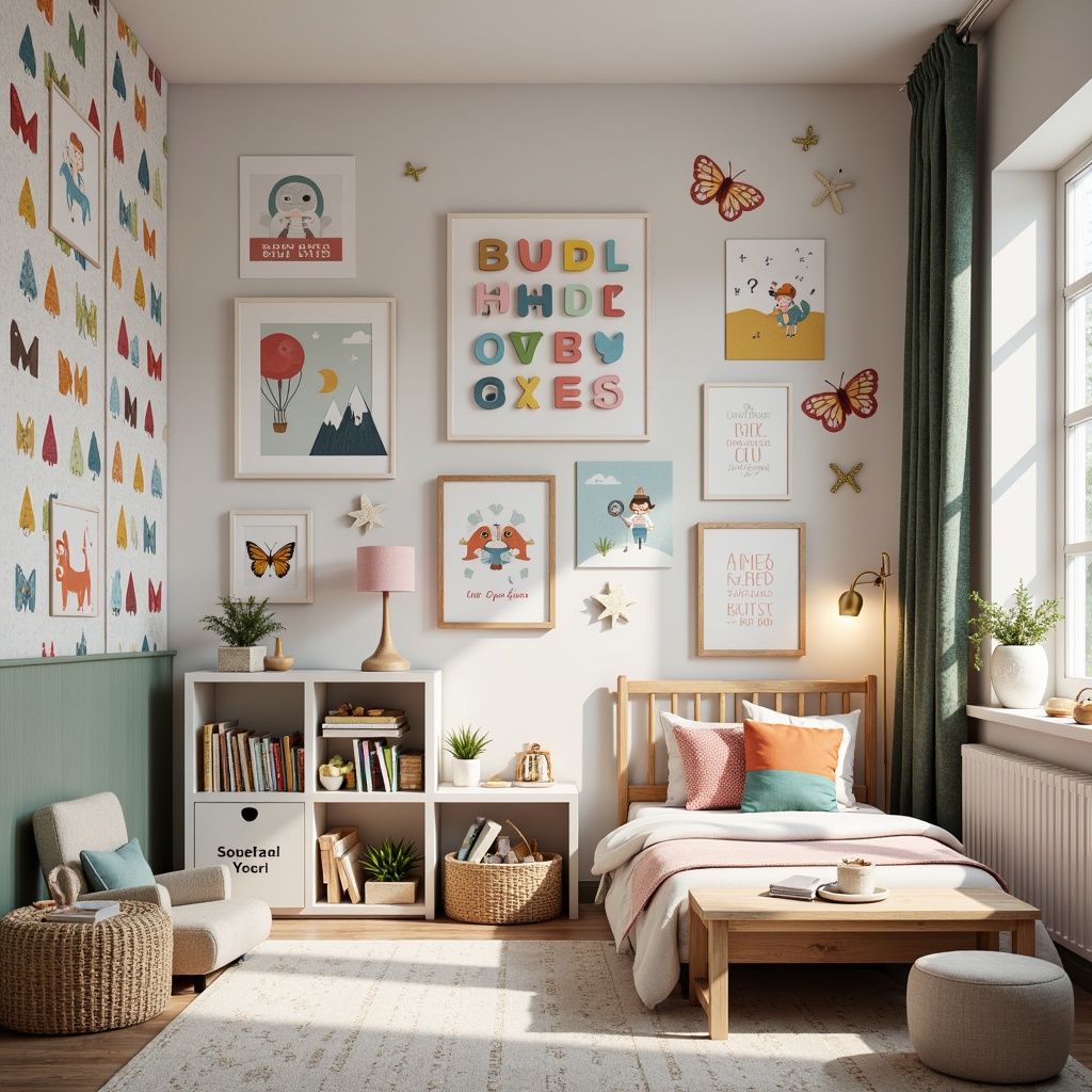 Prompt: Whimsical kids' room, playful wall art, colorful alphabet decals, fun shape stickers, framed cartoon posters, 3D butterfly decorations, hot air balloon illustrations, adventure-themed wallpaper, textured fabric panels, shimmering starry night sky mural, wooden letter initials, personalized growth charts, inspirational quote prints, soft pastel colors, rustic wood frames, creative storage shelves, cozy reading nook, warm floor lamp lighting, shallow depth of field, 1/1 composition, realistic textures.