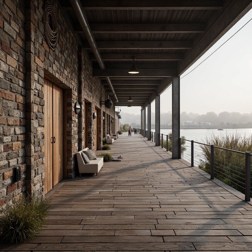 Prompt: Weathered wood accents, rugged stone walls, industrial metal beams, nautical rope details, reclaimed wood floors, earthy color palette, brutalist architecture, waterfront location, misty morning atmosphere, soft natural lighting, shallow depth of field, 1/1 composition, realistic textures, ambient occlusion.