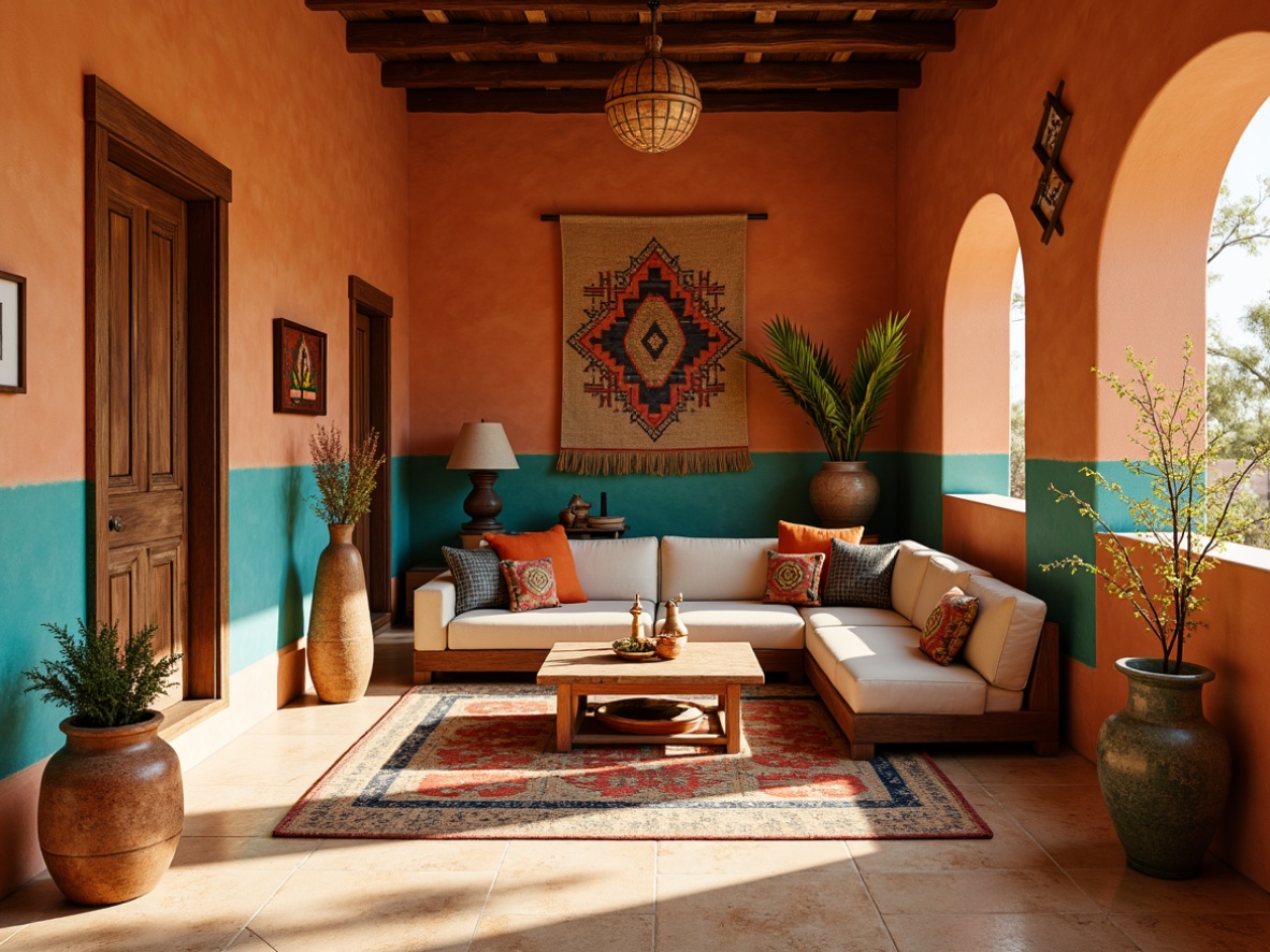 Prompt: Vibrant Southwestern interior, warm terracotta walls, turquoise accents, sandy beige floors, woven textiles, Native American patterns, geometric motifs, colorful pottery, natural wood furniture, rustic metal decor, pendant lanterns, earthy scent, warm golden lighting, shallow depth of field, 1/1 composition, soft focus, realistic textures.