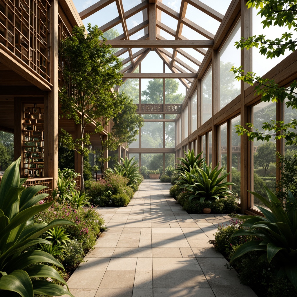 Prompt: Serenely lit greenhouse, lush tropical plants, natural stone flooring, wooden trellis, intricate Asian-inspired carvings, sliding glass doors, abundant skylights, clerestory windows, warm soft lighting, misty atmosphere, shallow depth of field, 1/2 composition, panoramic view, realistic textures, ambient occlusion, vibrant greenery, exotic flowers, gentle breeze, warm sunny day.