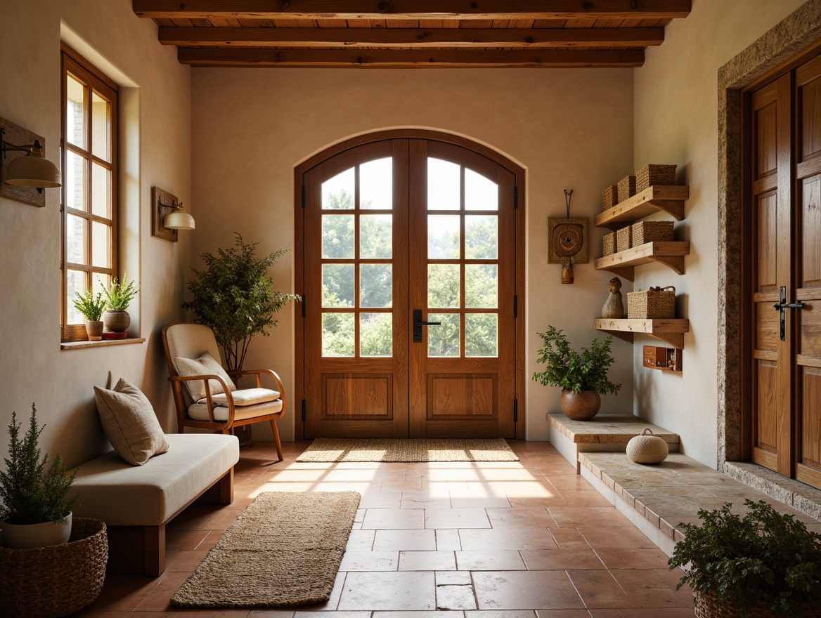 Prompt: Cozy farmhouse entrance, rustic wooden doors, vintage metal hardware, warm beige walls, earthy terracotta floors, natural stone accents, plush area rugs, comfy upholstered benches, distressed wood shelves, woven wicker baskets, soft golden lighting, warm cream colors, inviting textures, organic shapes, nature-inspired patterns, 1/1 composition, intimate atmosphere, shallow depth of field.