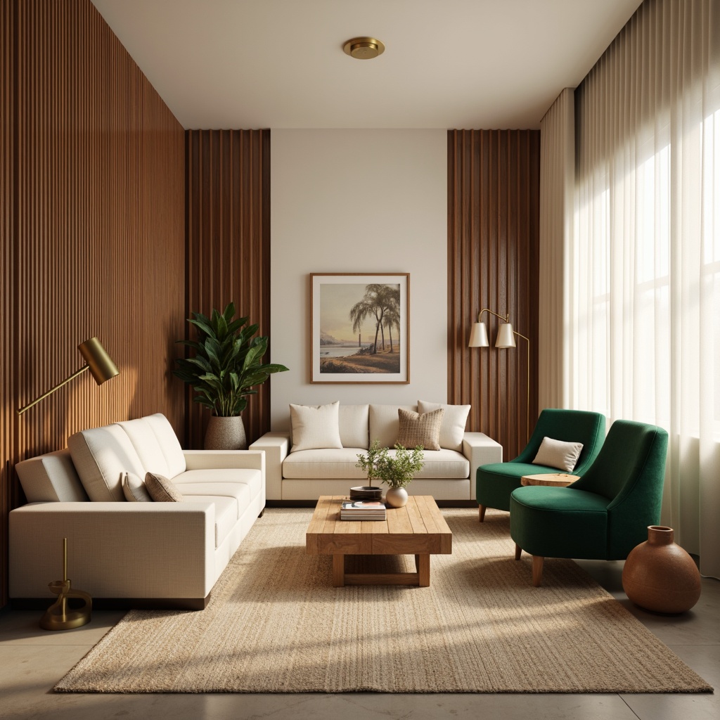 Prompt: Soft warm beige walls, rich walnut wood accents, plush cream sofas, velvety emerald green armchairs, metallic gold lighting fixtures, delicate ivory curtains, natural jute rugs, earthy terracotta vases, serene ambient lighting, 1/2 composition, cozy intimate atmosphere, realistic fabric textures, subtle shadowing.