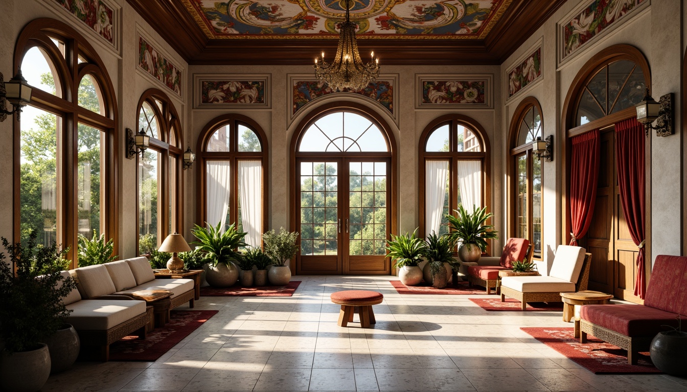 Prompt: Grand sunroom, Renaissance-inspired architecture, ornate stone carvings, intricately designed wooden panels, stained glass windows, arched doorways, luxurious velvet drapes, golden metal accents, elegant chandeliers, marble flooring, decorative frescoes, warm natural light, soft diffused shadows, 1/1 composition, shallow depth of field, realistic textures, ambient occlusion.