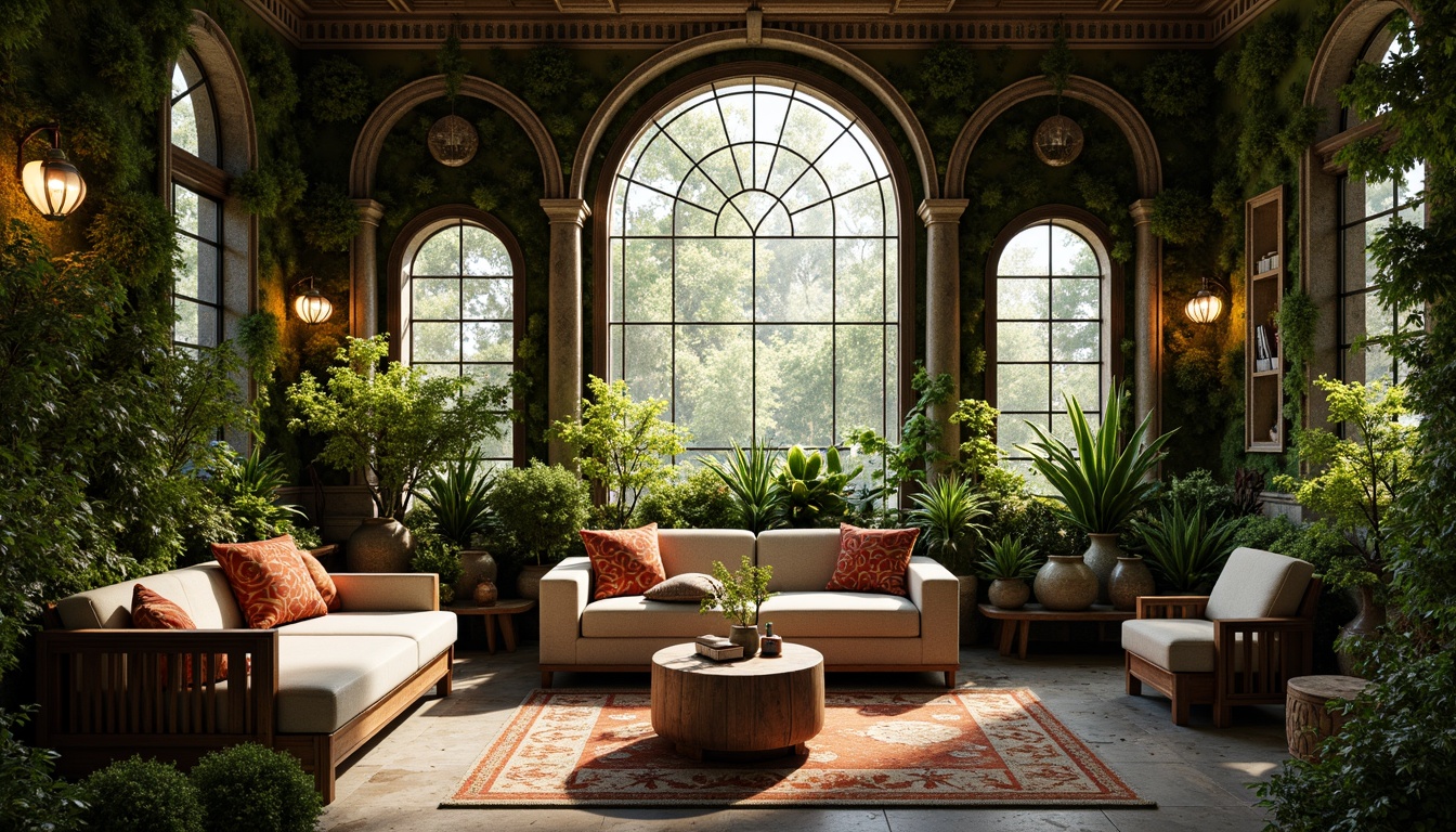 Prompt: Intricate botanical patterns, flowing organic lines, sinuous curves, ornate metalwork, stained glass windows, nature-inspired textiles, floral motifs, curved wooden furniture, moss-covered walls, natural stone flooring, warm earthy tones, soft diffused lighting, 1/1 composition, intimate close-ups, realistic renderings, ambient occlusion.