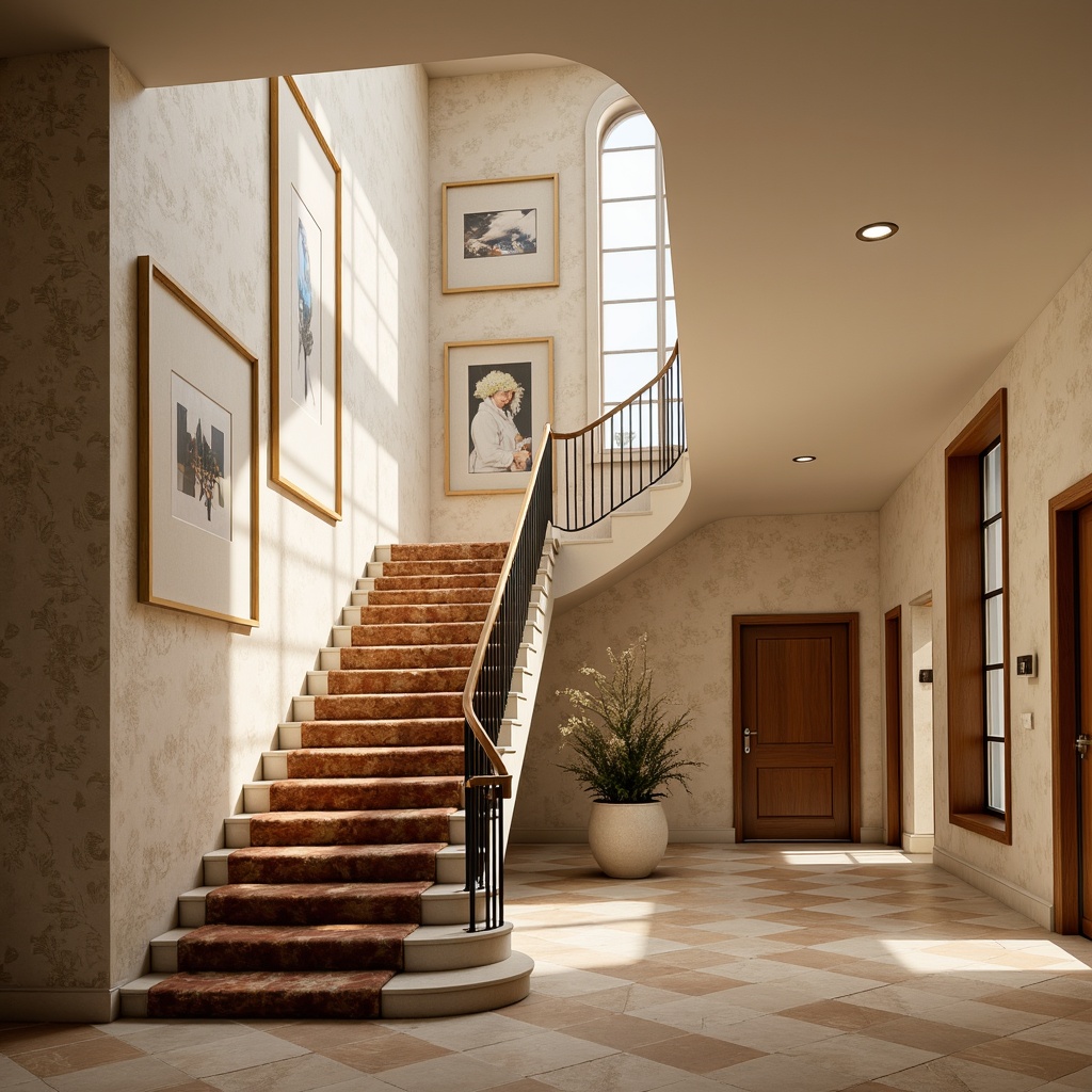 Prompt: Elegant staircase design, luxurious velvet carpet, rich wood tones, soft cream walls, ornate metal railings, sophisticated color scheme, warm beige accents, calming pastel hues, subtle texture contrasts, refined modern architecture, dramatic high ceiling, statement lighting fixtures, inviting atmosphere, serene ambiance, 1/1 composition, shallow depth of field, natural warm lighting.