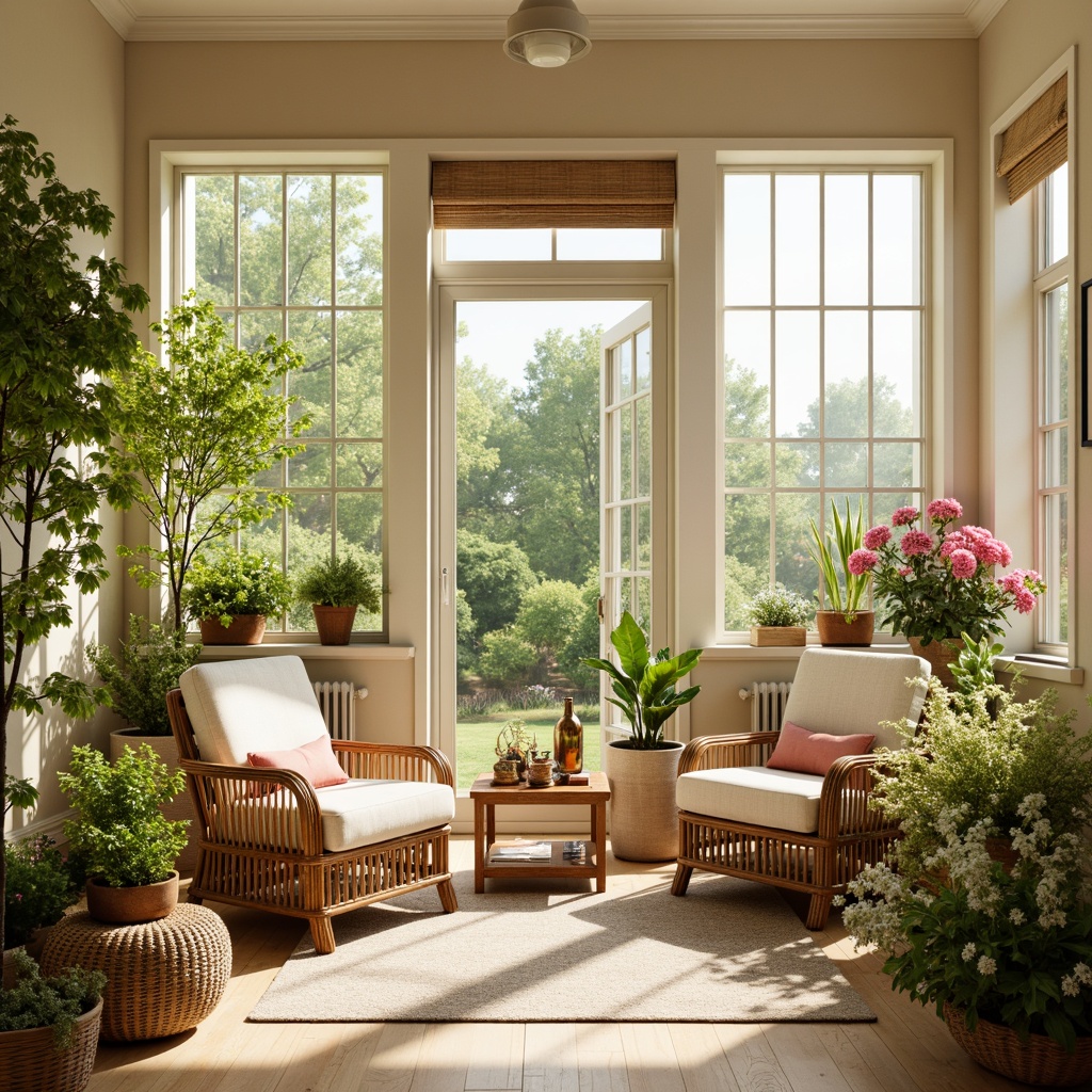 Prompt: Vibrant sunroom, bright natural light, warm beige walls, comfortable wicker furniture, lush greenery, colorful blooming flowers, soft pastel hues, creamy whites, warm wood accents, cozy textiles, plush area rugs, calming atmosphere, serene ambiance, sunny day, gentle warm lighting, shallow depth of field, 1/2 composition, realistic textures, ambient occlusion.