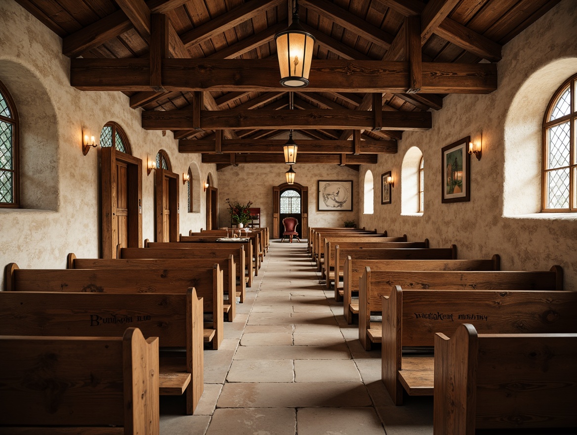 Prompt: Rustic church interior, wooden beam ceilings, stone walls, stained glass windows, soft natural lighting, warm beige tones, earthy textures, vintage pews, candlelight ambiance, ornate chandeliers, distressed wood accents, cozy nooks, arched doorways, vaulted ceilings, lantern-style lighting, warm neutral colors, traditional Christian symbols, subtle cross motifs, serene atmosphere, shallow depth of field, 1/1 composition, soft focus, realistic textures.