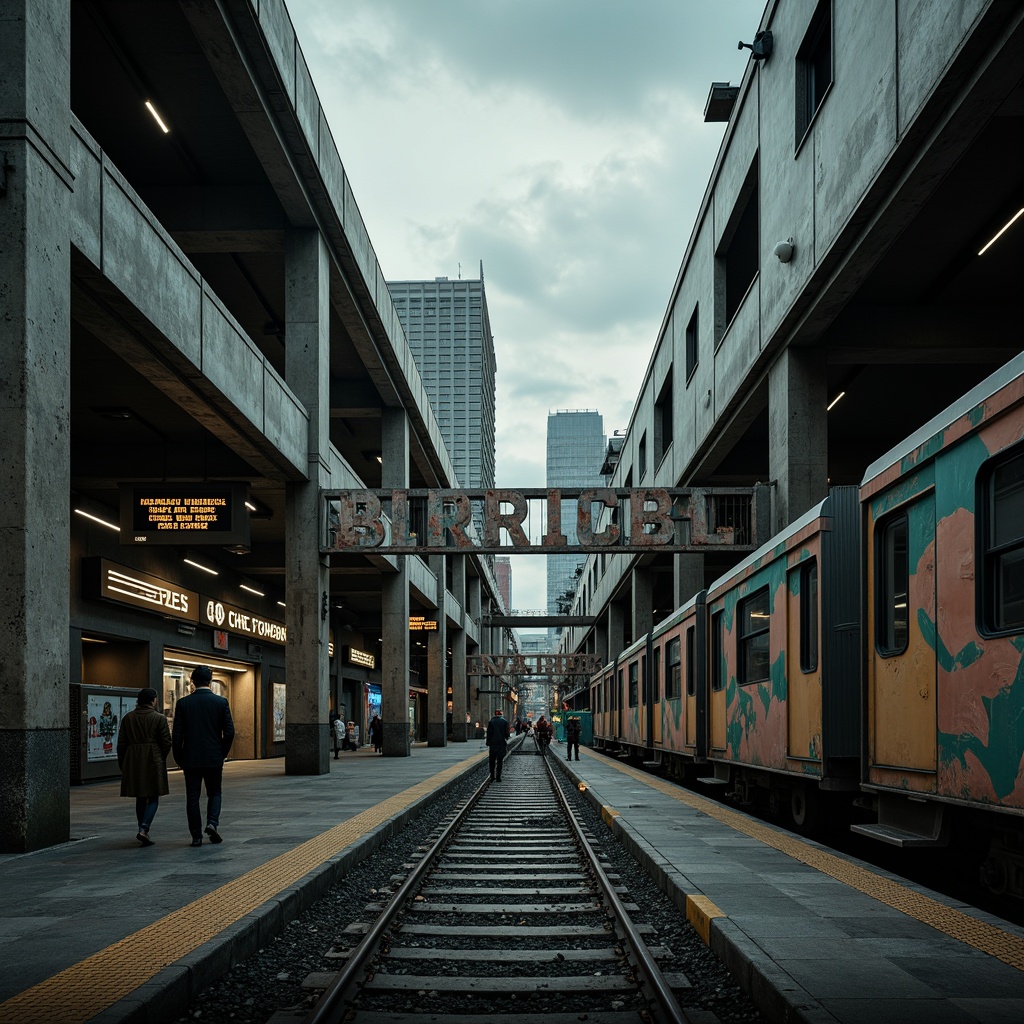 Prompt: Gritty brutalist train station, industrial concrete structures, exposed ductwork, raw steel beams, urban cityscape, overcast skies, dramatic shadows, cold harsh lighting, worn asphalt platforms, vintage train cars, distressed metal accents, faded signage, peeling paint textures, urban grunge atmosphere, moody color palette, dark greys, muted blues, earthy browns, industrial greens, bold typography, abstract graffiti patterns, stark architectural forms, cinematic composition, high contrast ratio.