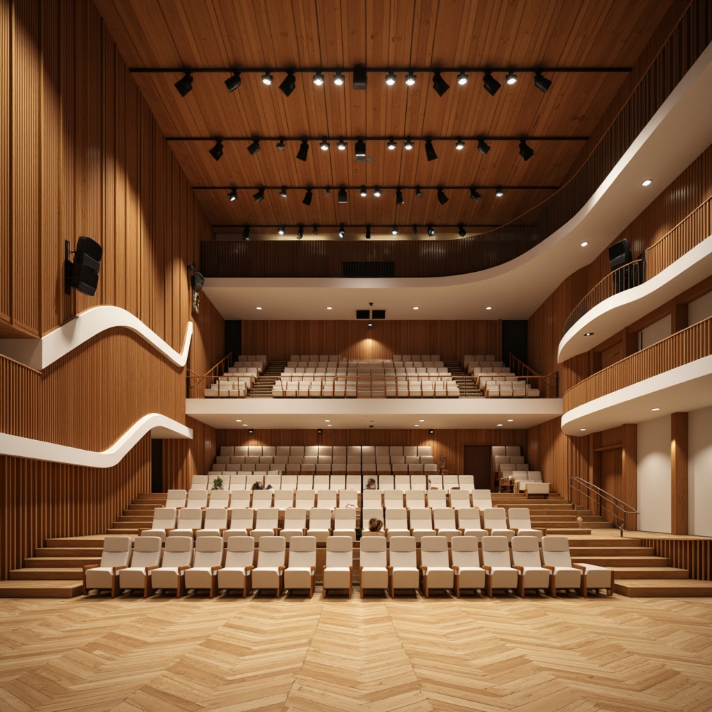 Prompt: Mid-century modern auditorium interior, wooden acoustic panels, sound-absorbing materials, curved lines, minimal ornamentation, functional lighting, warm beige tones, comfortable seating, elevated stage, professional audio equipment, suspended ceiling speakers, natural wood flooring, geometric patterns, subtle textures, soft indirect lighting, 1/2 composition, realistic rendering, ambient occlusion.